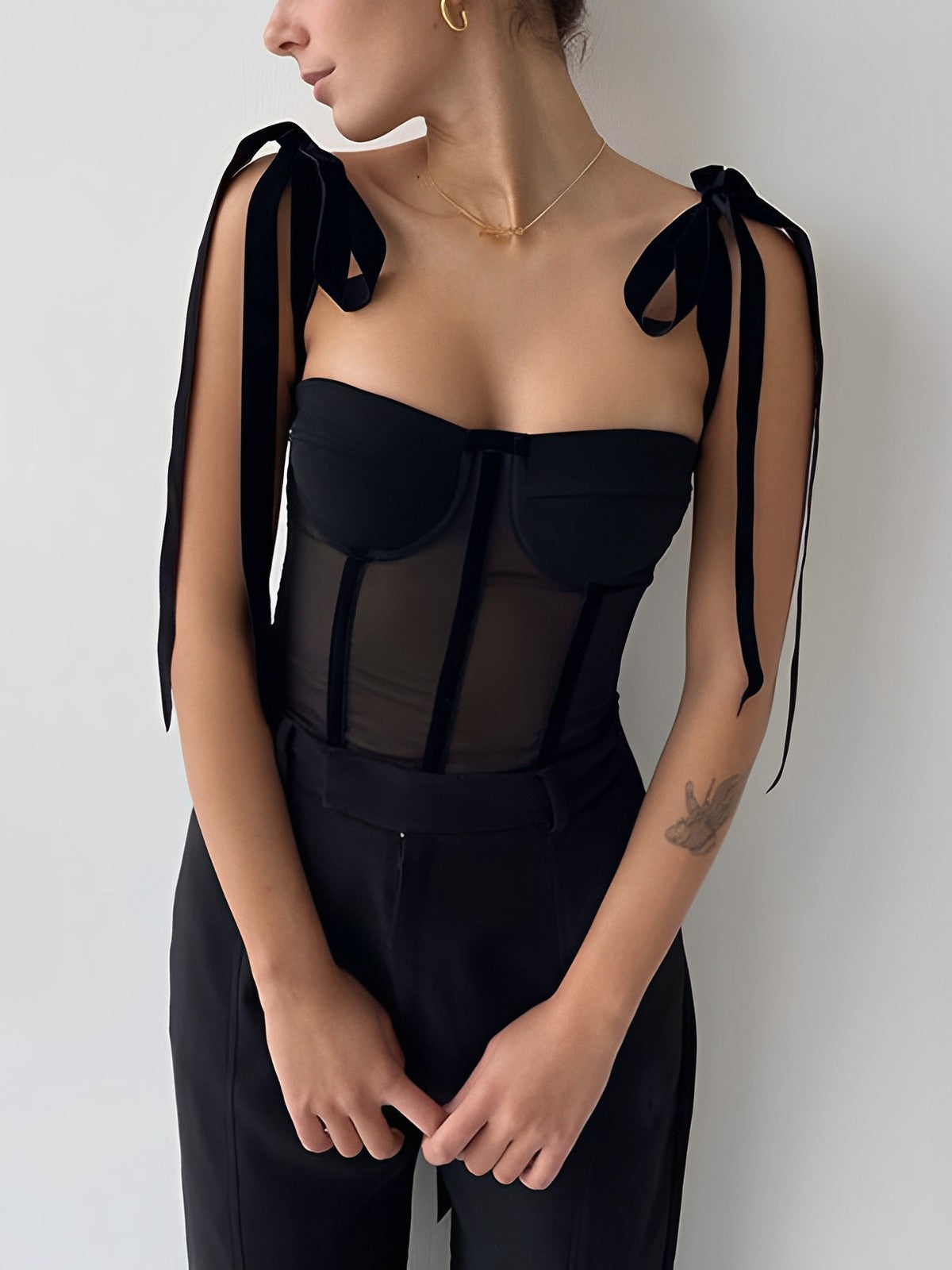 Tied Mesh Corset Crop Top COMMENSE