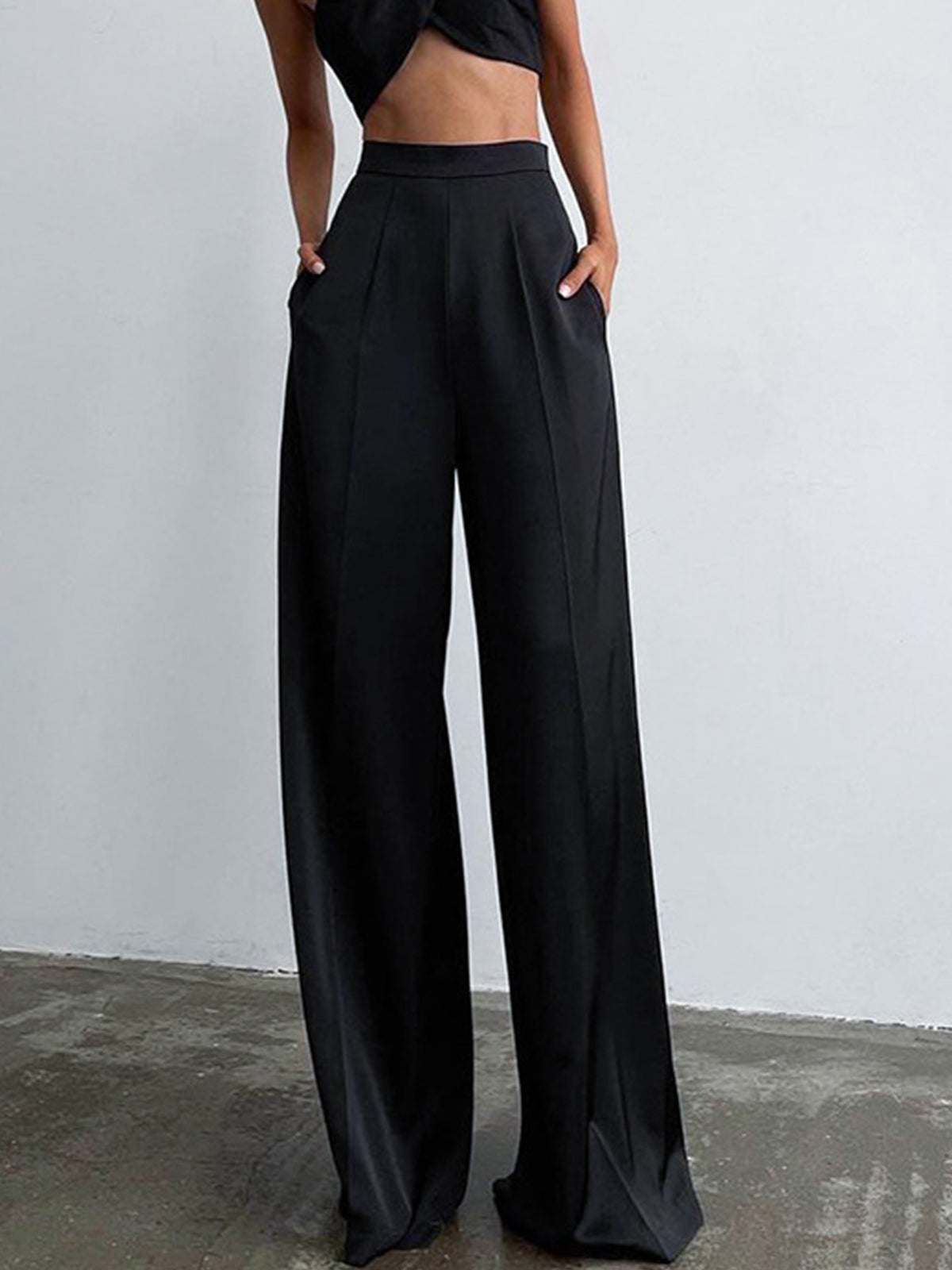 Women's Oversized Black Silk Satin Baggy Wide Leg Pants for Daily Office - Black - S Women's Oversized Black Silk Satin Baggy Wide Leg Pants for Daily Office - Black - S