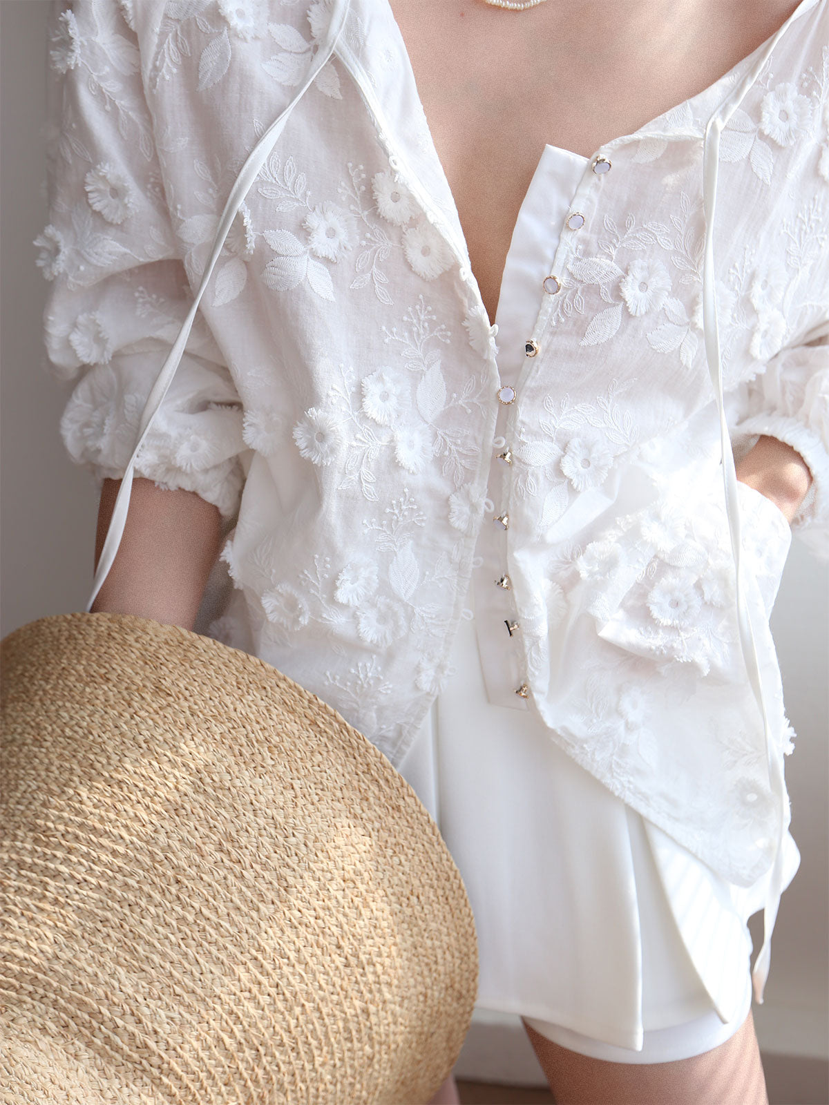 Oversized Semi-Sheer Embroidered Floral Blouse | COMMENSE