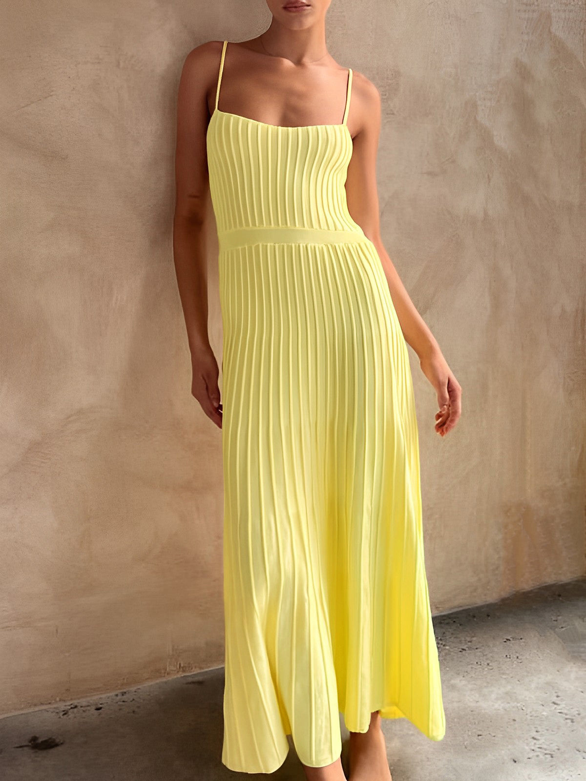 Ribbed Panelled Knit Fitted Flare Dress In Butter Yellow For Summer - Yellow - XL