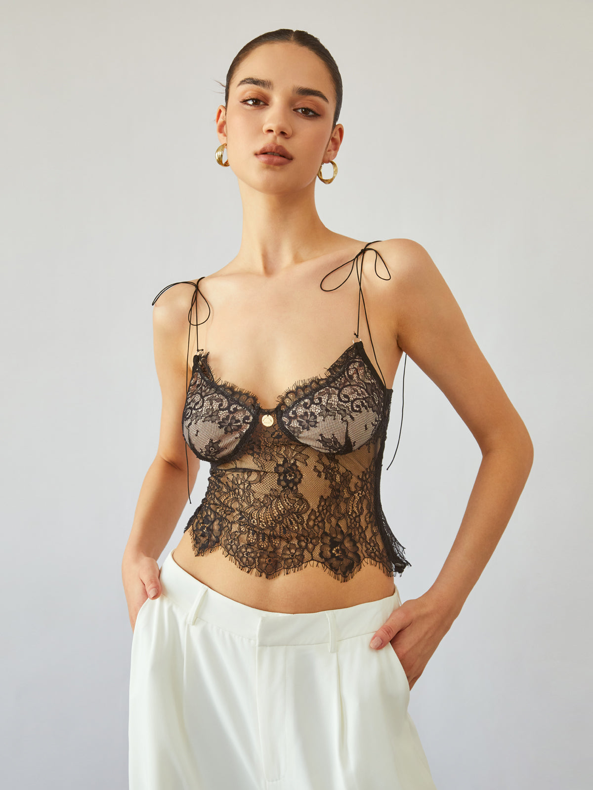 Sheer Jacquard Long Camisole Front Tie Top