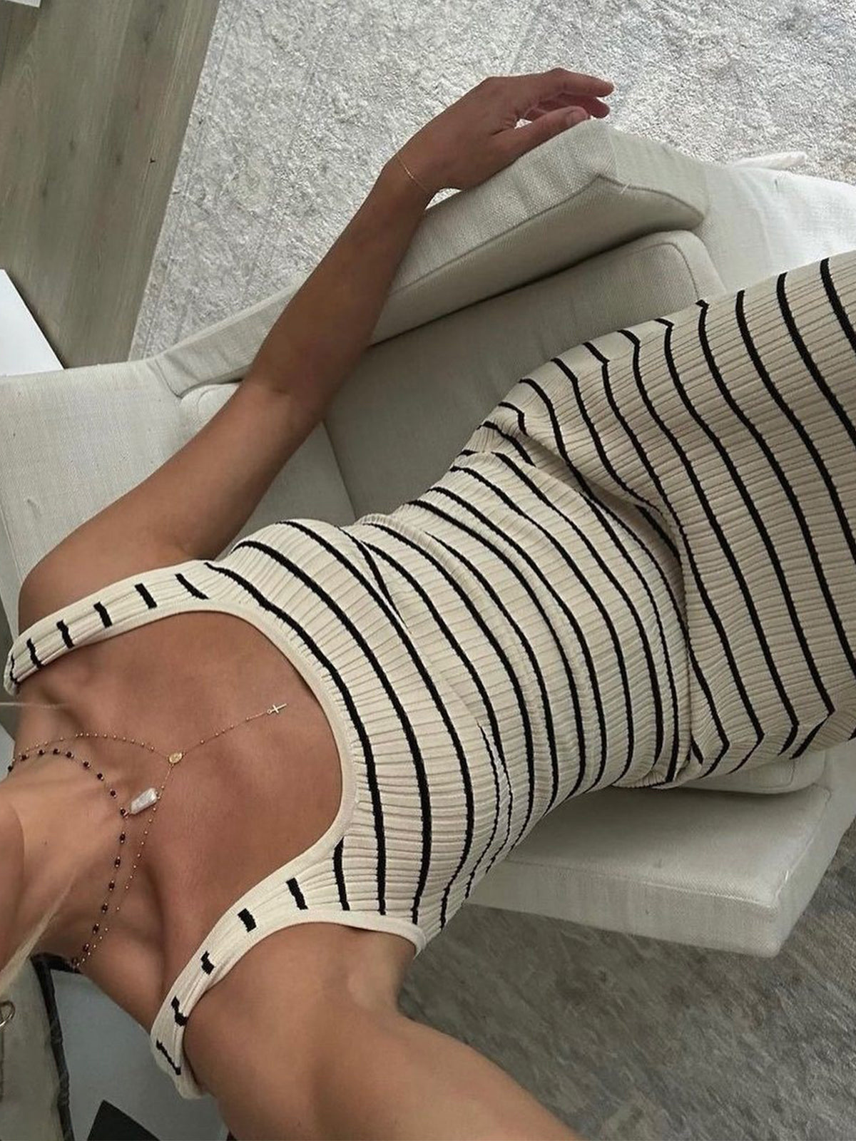 Old Money Aesthetics Stripe Long Knit Dress - Apricot - S - Commense Old Money Aesthetics Stripe Long Knit Dress - Apricot - S - Commense