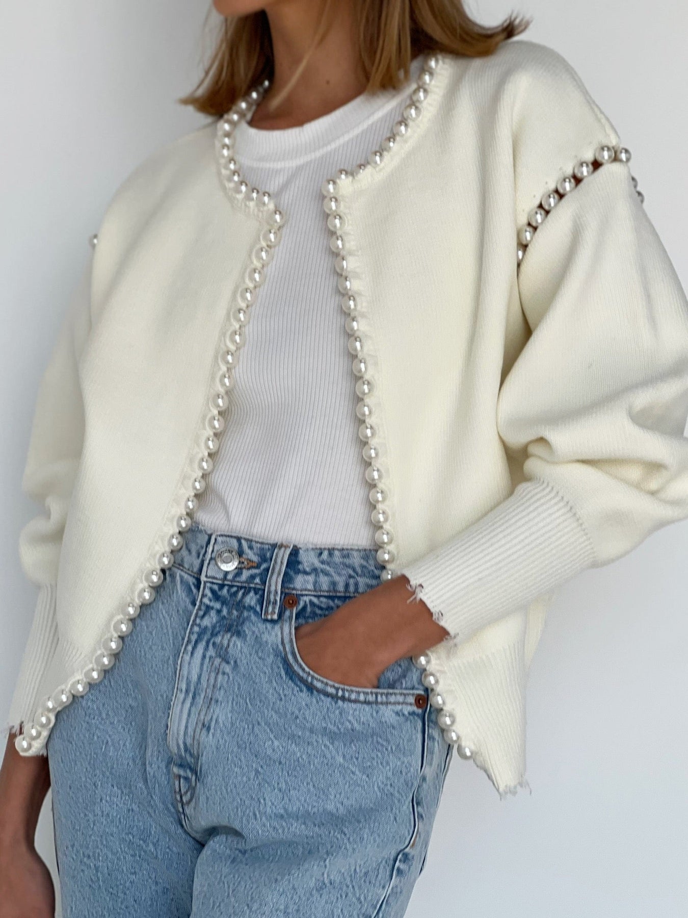 トップス Artist komplex PEARL ROUND CARDIGAN Kedera Women's Open Front Cardigan Pearl Trim Crop Sweater