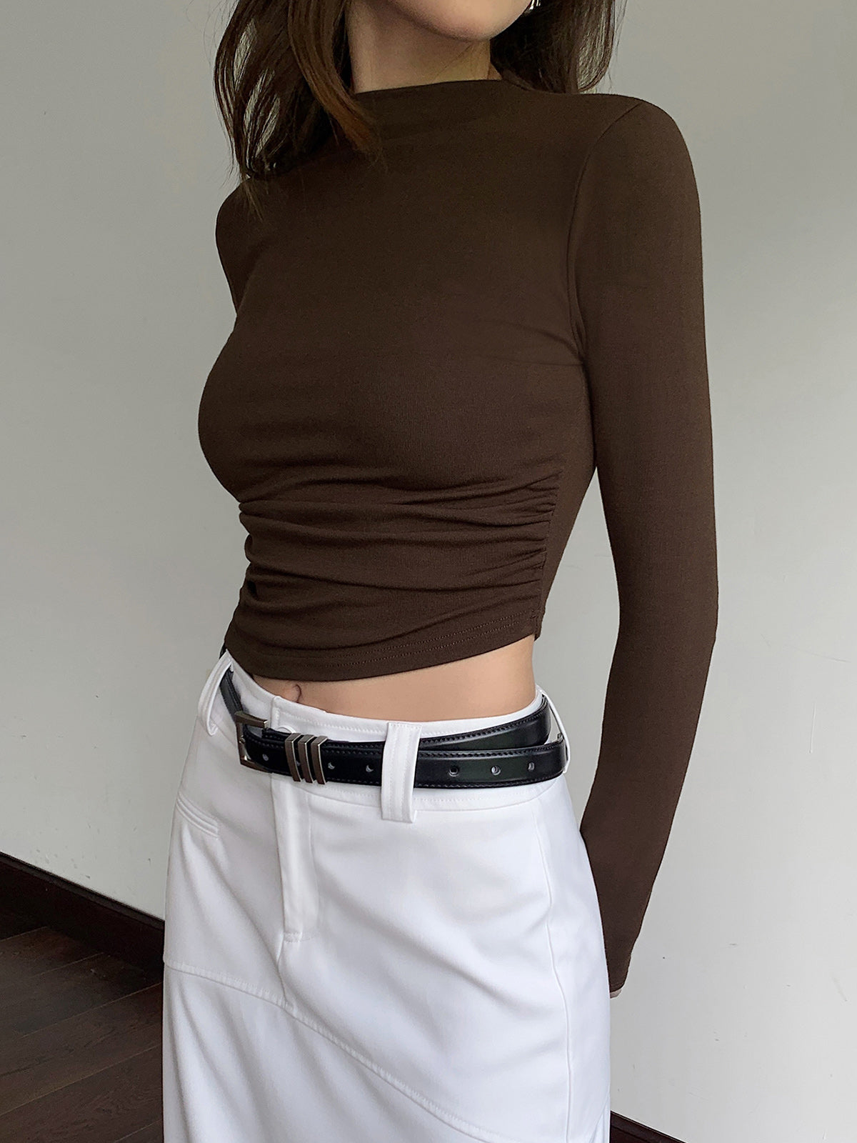 Mock Neck Slinky Long Sleeve Ribbed Knit Crop Shirt COMMENSE
