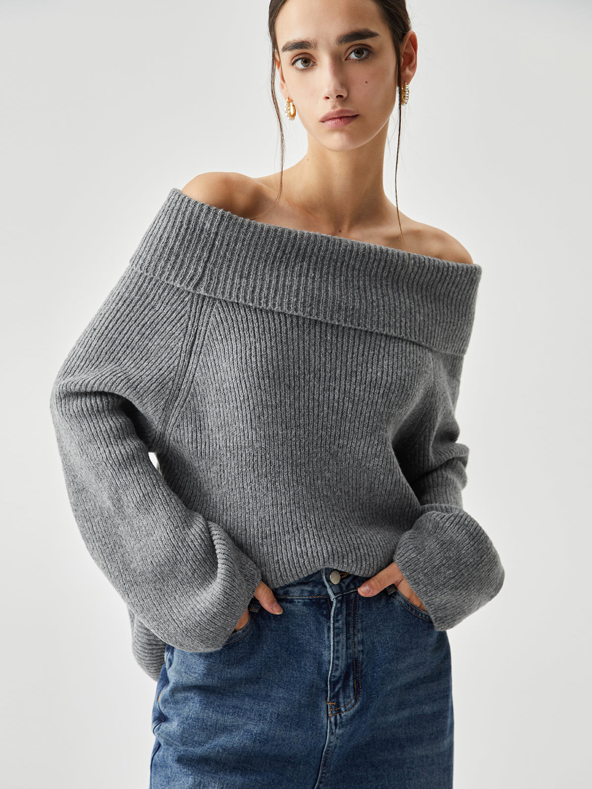 Oversized Overfold Off Shoulder Knit Sweater | COMMENSE