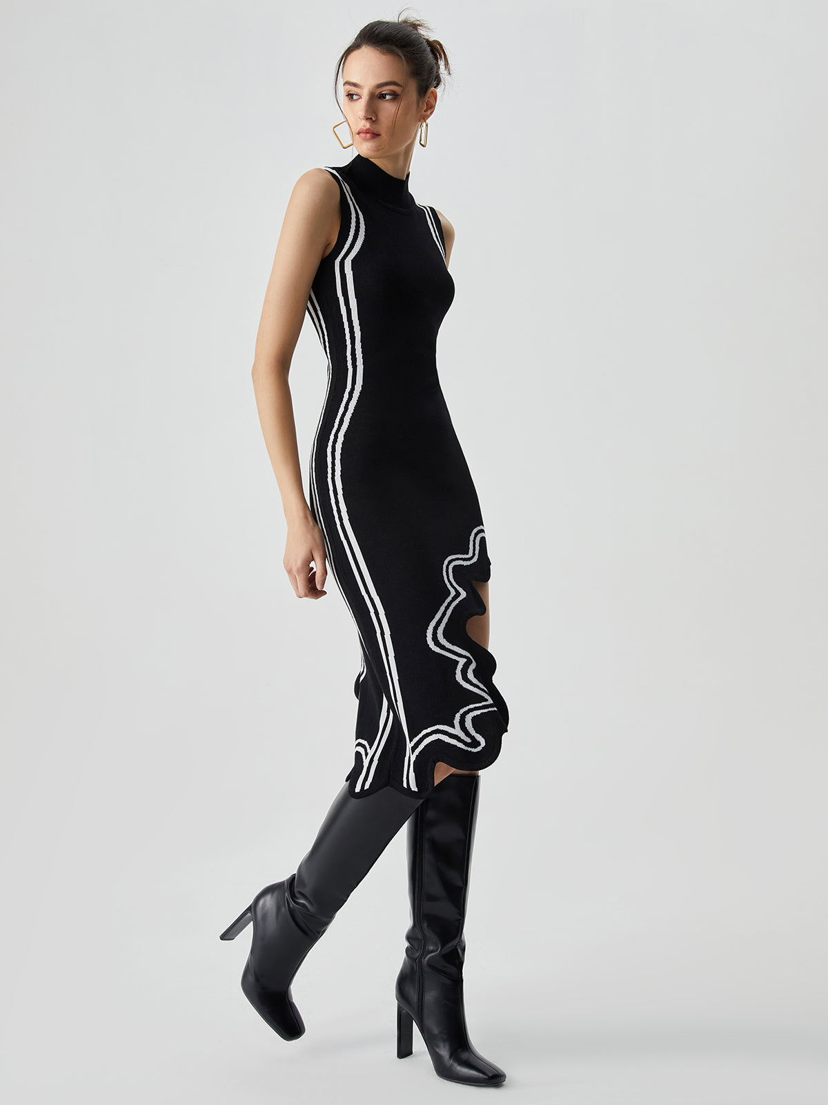 Knit Asymmetric Contrast Trim Mock Neck Midi Dress Knit Asymmetric Contrast Trim Mock Neck Midi Dress