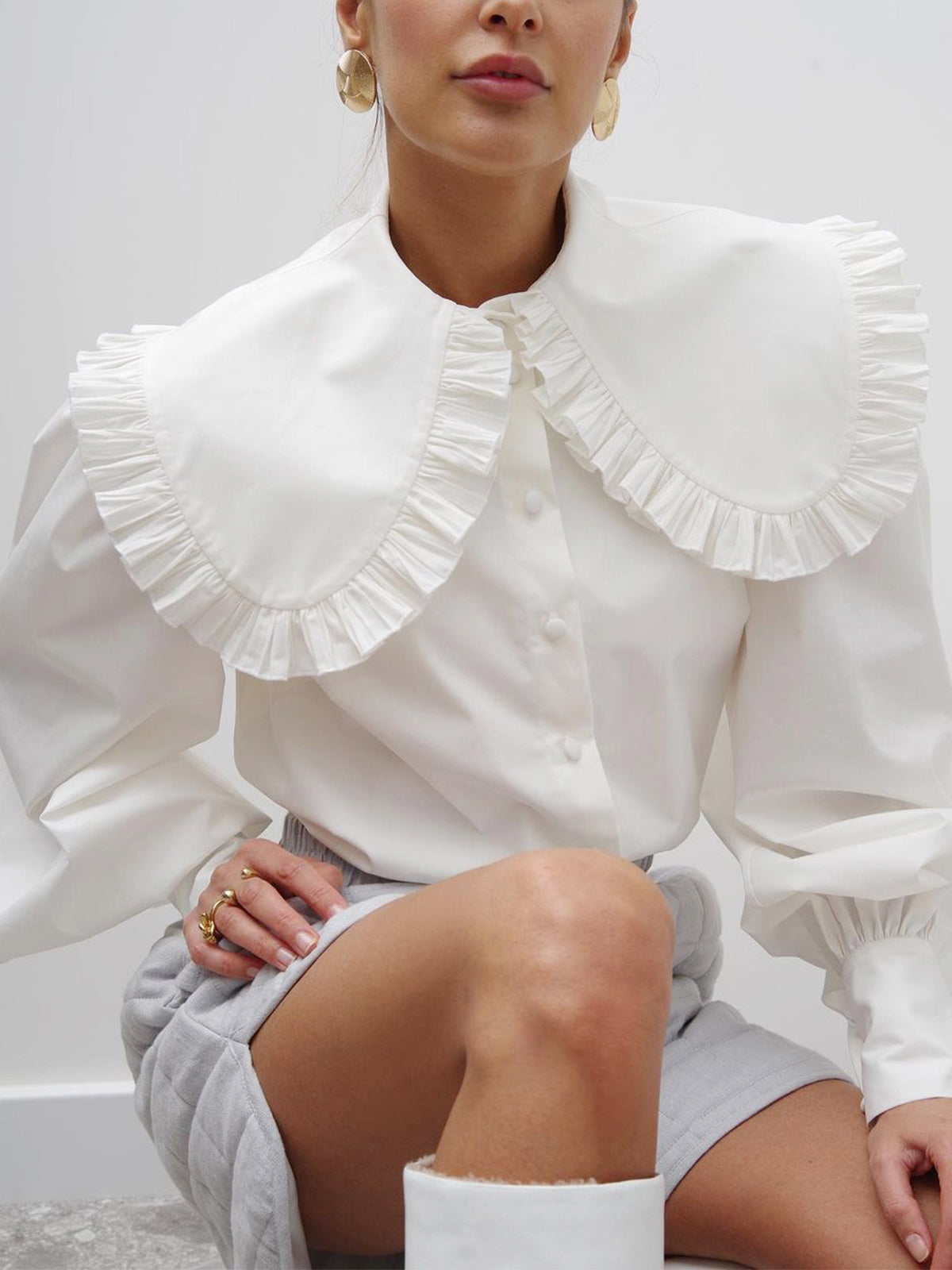 Ruffled Collar Long Sleeve Shirt | COMMENSE