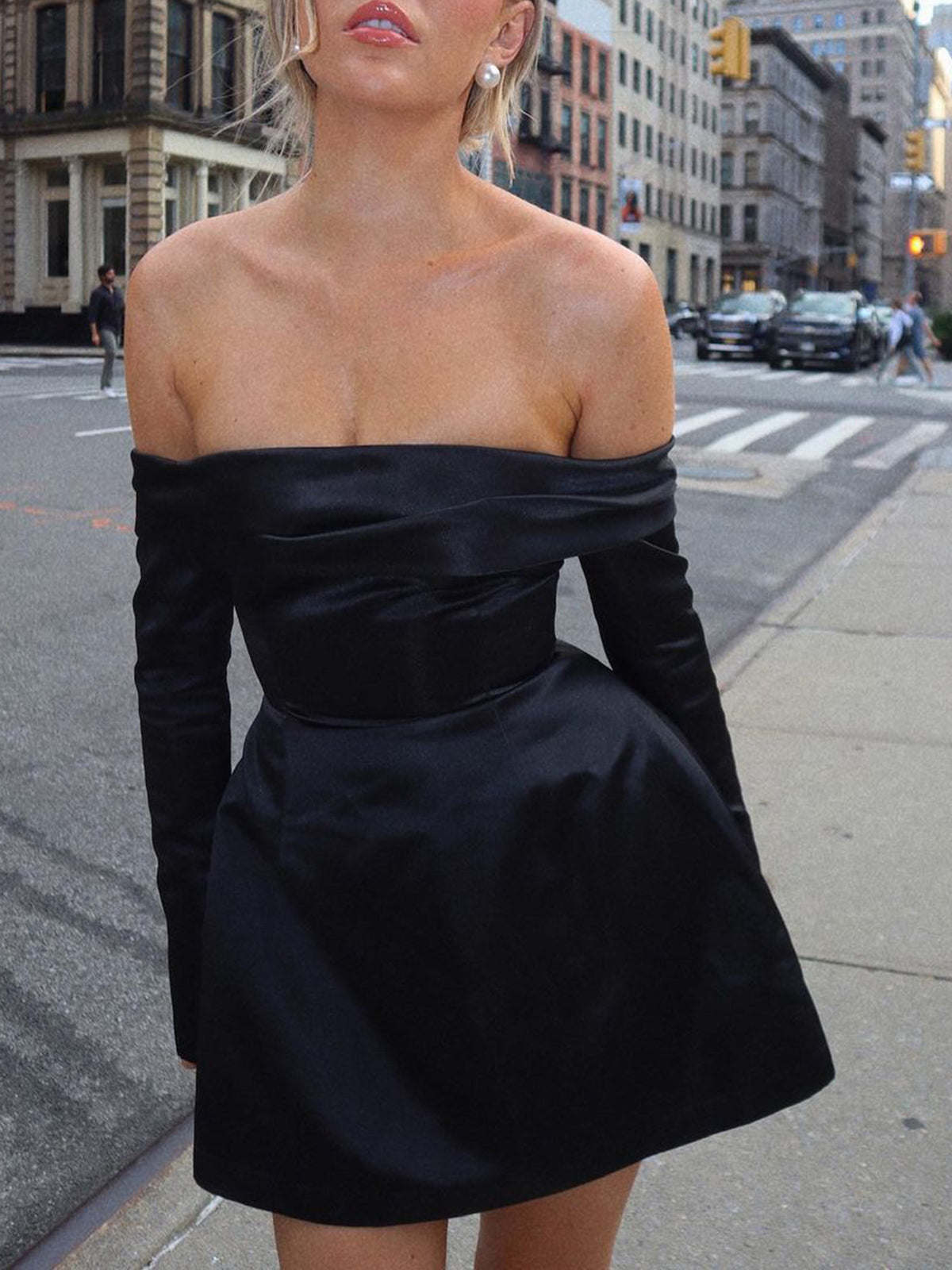 Off The Shoulder Cinched Waist Satin Bardot Little Black Mini Dress for Party Wear - Black - XL - Commense Off The Shoulder Cinched Waist Satin Bardot Little Black Mini Dress for Party Wear - Black - XL - Commense