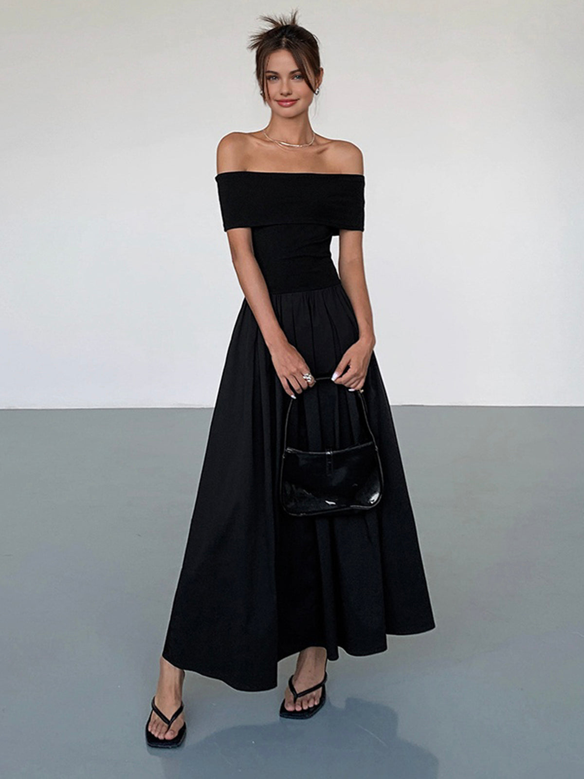 Frenchy Solid Off-Shoulder Long Dress – COMMENSE