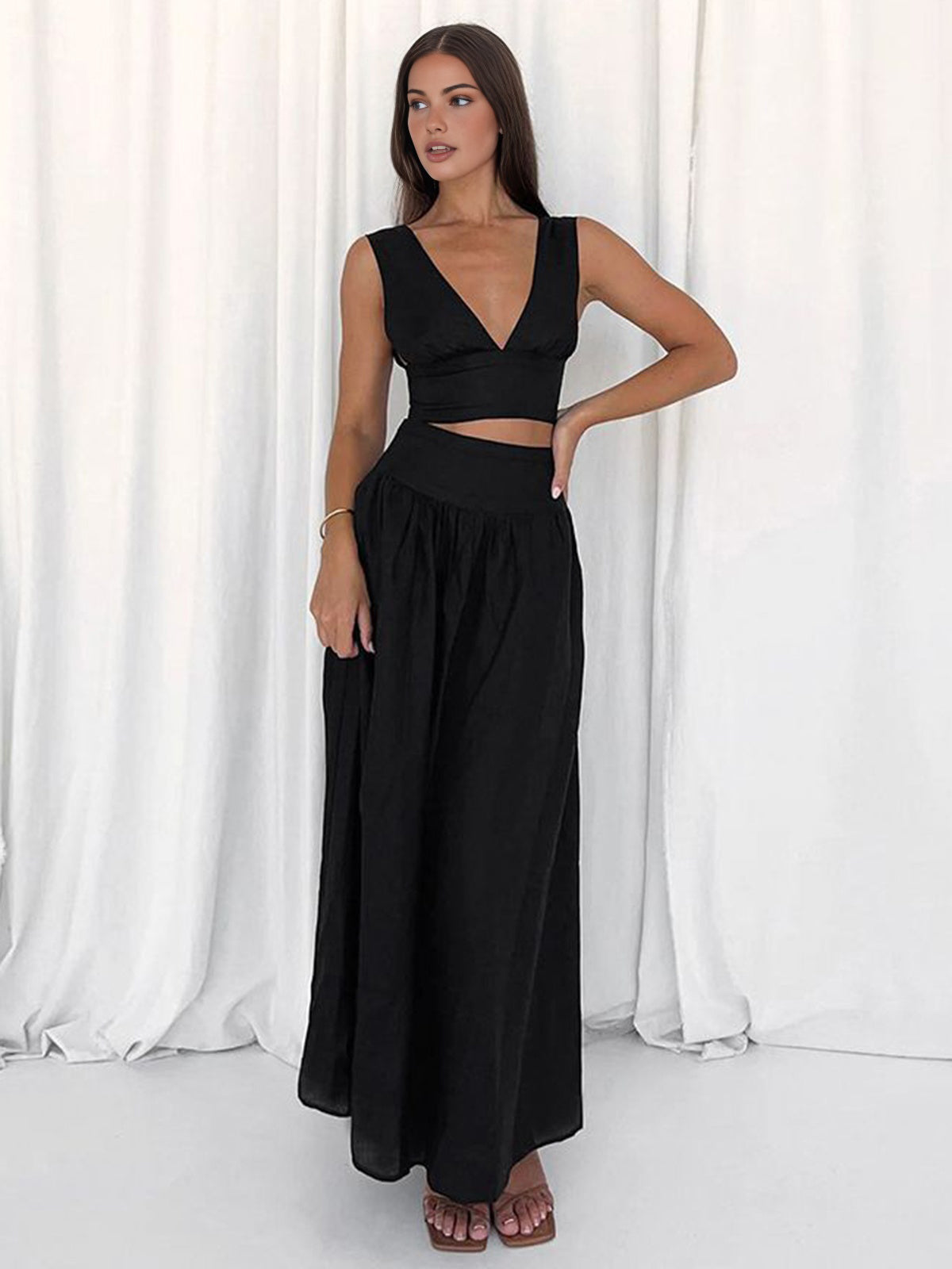 トップス Audire Bowtie rib ensemble knit(Chacoal) Solid Tie Knot V Neck Skirt Set – COMMENSE