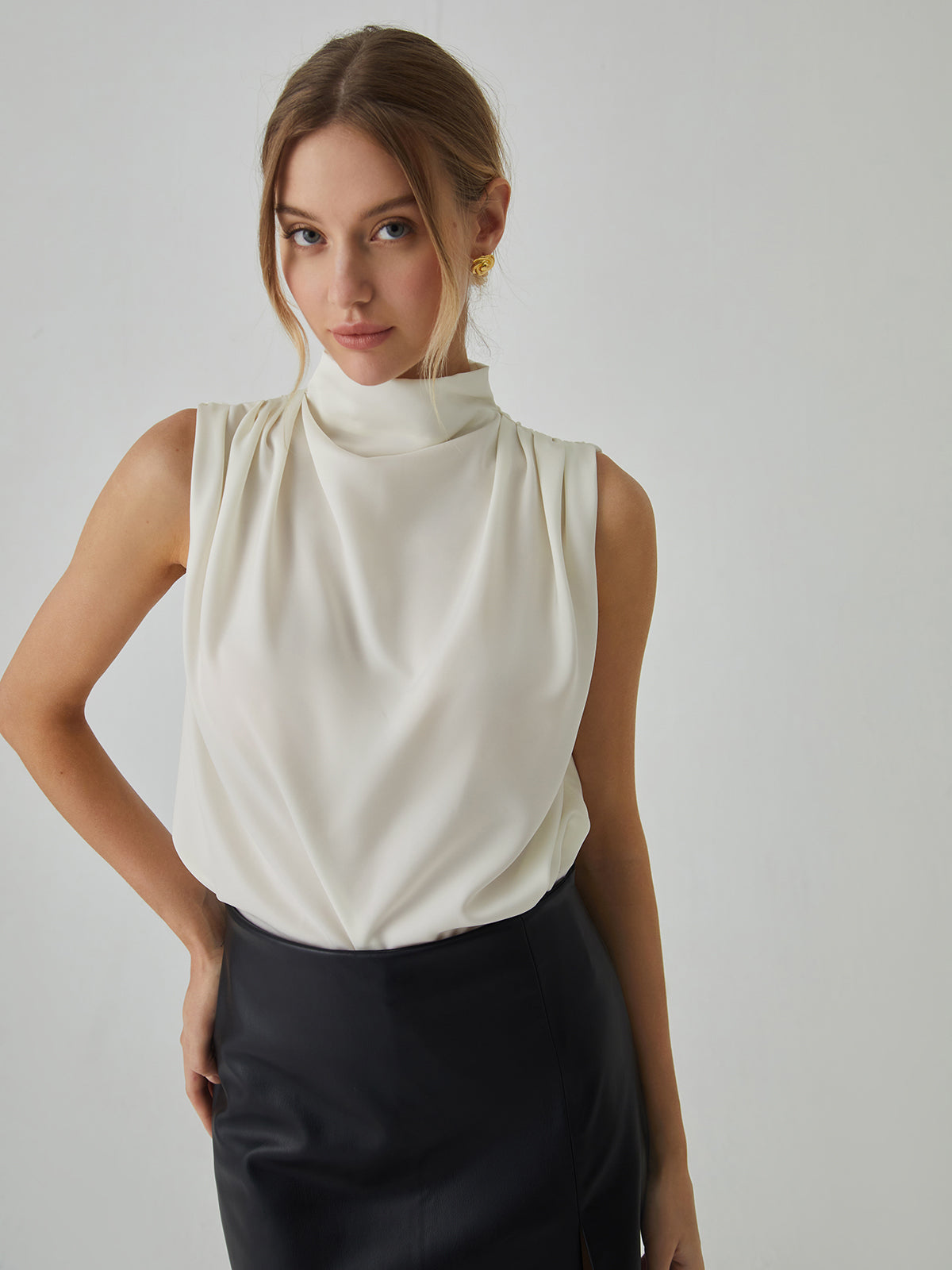 Womens 2025 Long Sleeve Blouses Pleated Textured High Neck