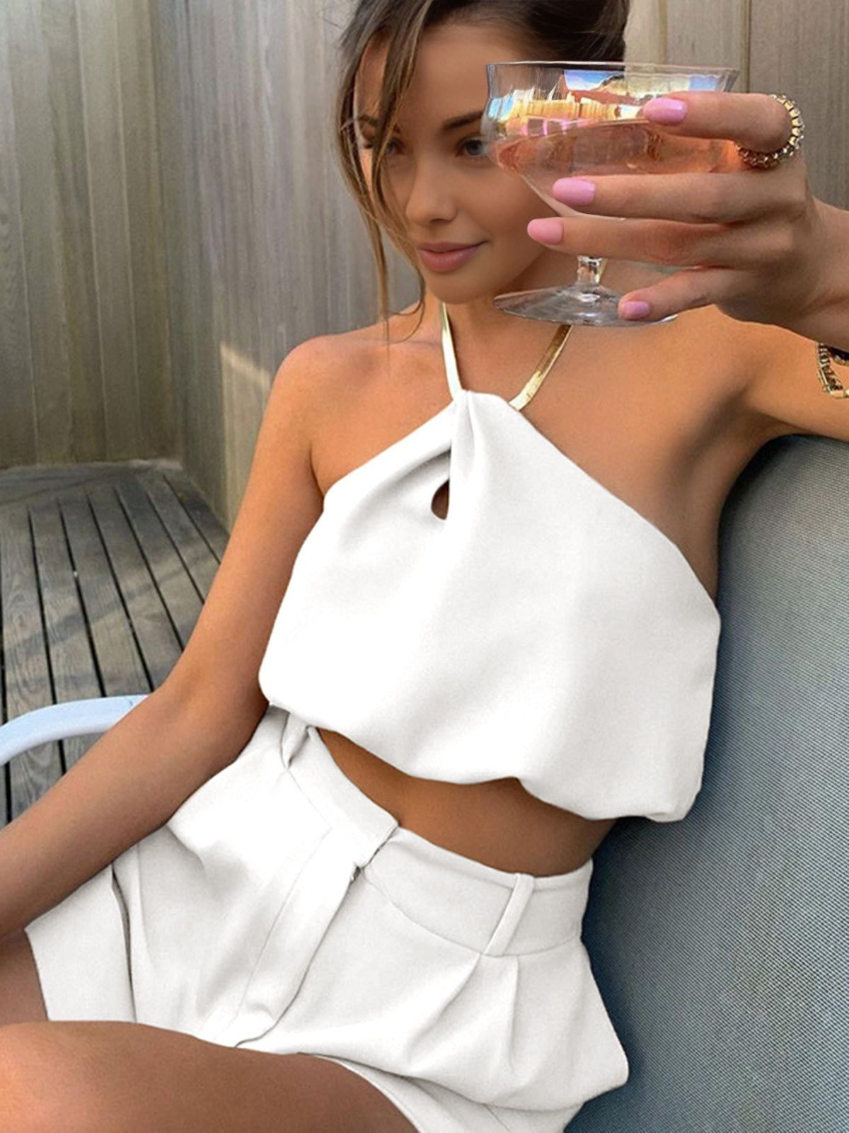 ★ PISCESS★ Flower Halter Sleeveless Top Ivory 5008519157 PISCESS Flower Halter Sleeveless Top - Ivory | International