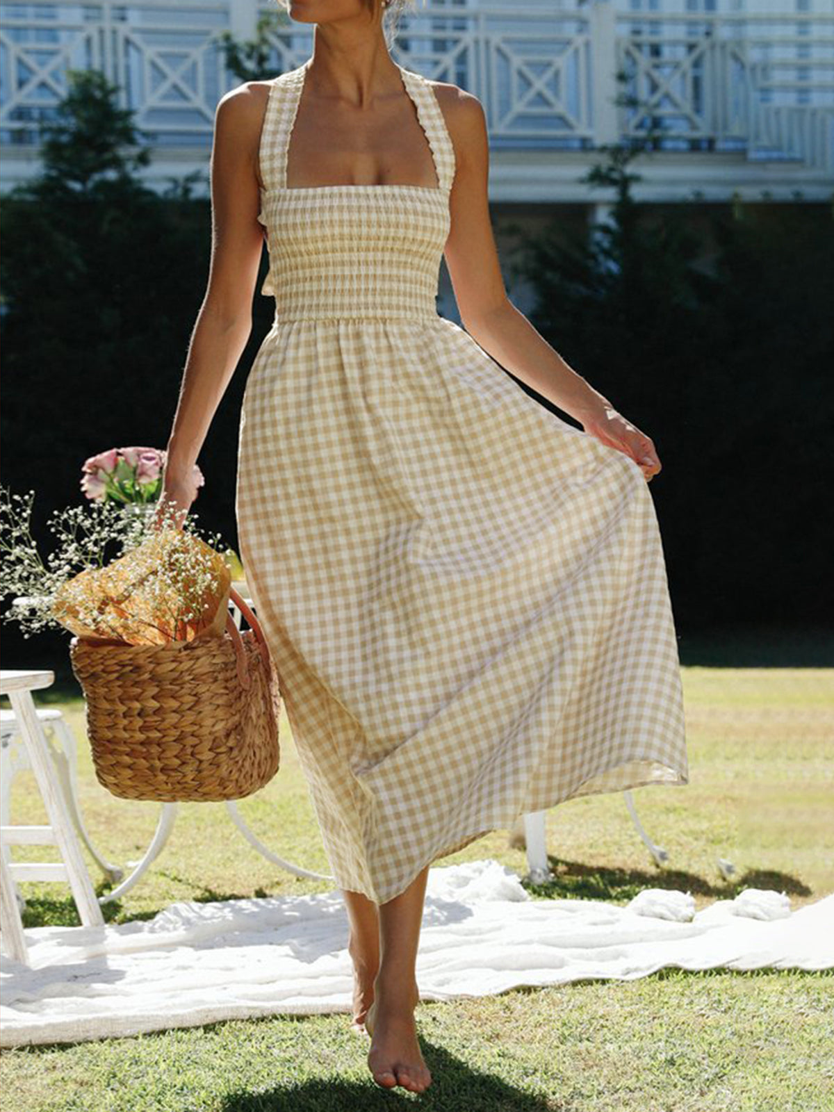 plaid halter dress Countryside print criss cross long - White Skirt/Dress length type:Std (Height 162cm & below) Amarra 89054 Floral Print Mock neckband long sleeve midi dress