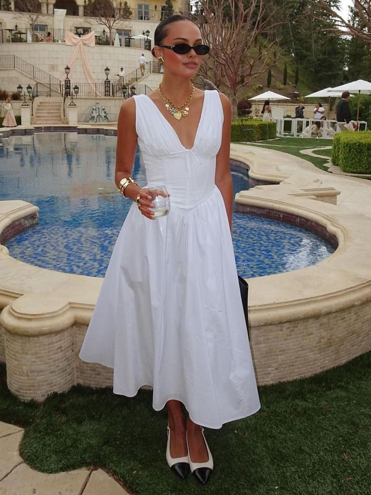 sleeveless midi dress white Plain Sleeveless Midi Dress