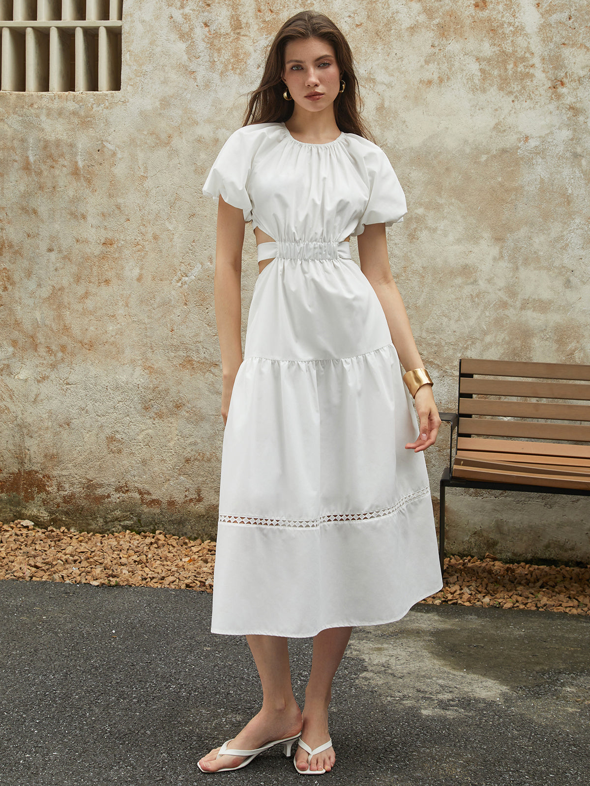 French Contrast Color Patchwork Square Neck Puff Sleeve Prom Dress cc604