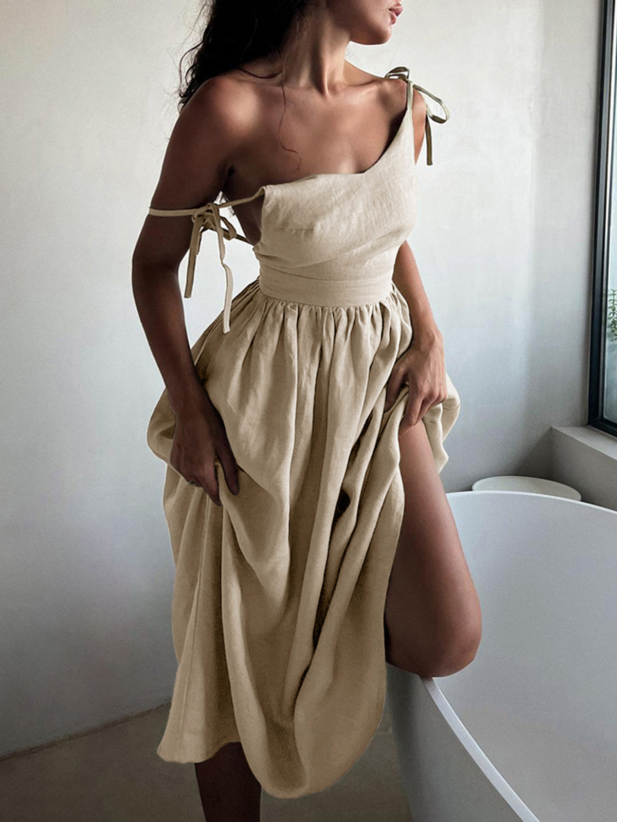 Backless Tied Sphaghetti Straps Cotton Linen Long Dress for Sustainable Looks - Apricot - XS - Commense Backless Tied Sphaghetti Straps Cotton Linen Long Dress for Sustainable Looks - Apricot - XS - Commense