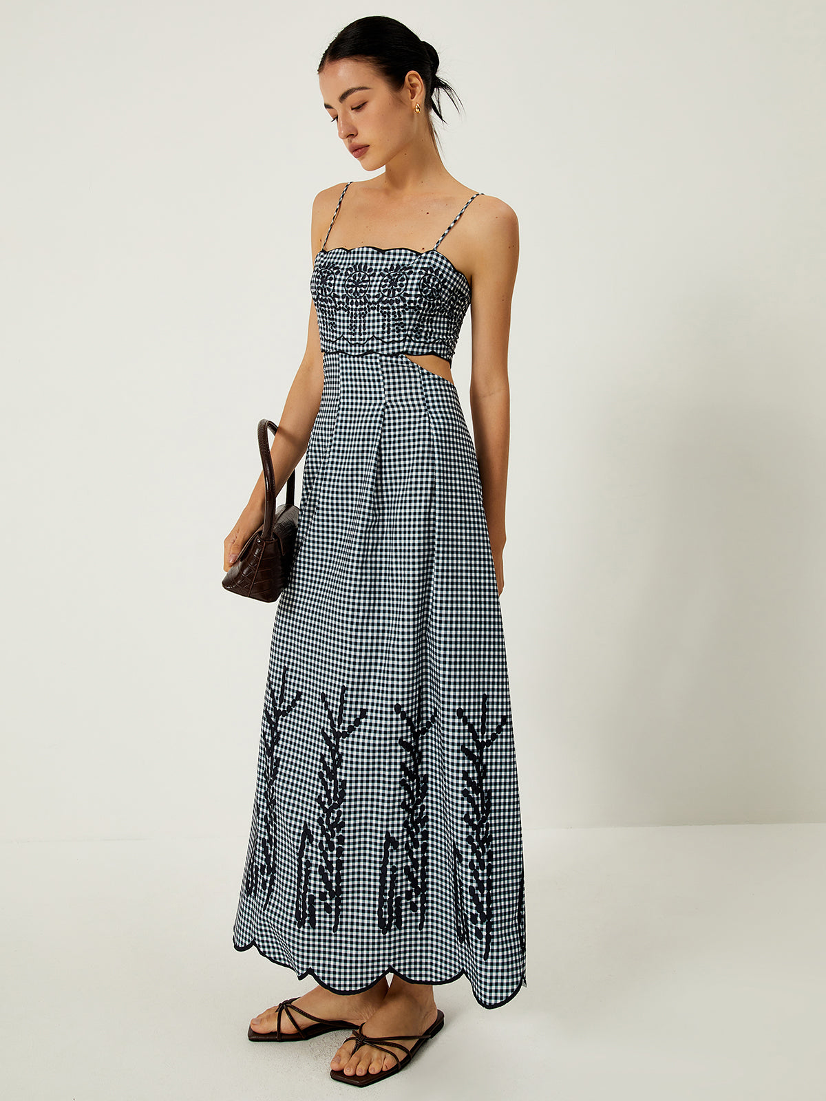 Plaid Print Embroidered Cutout Cami Long Dress – COMMENSE
