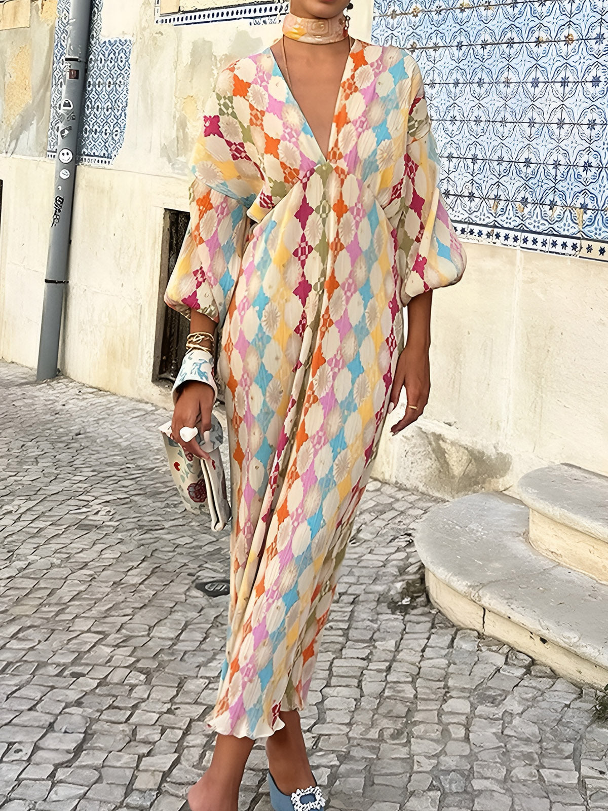 Jacquard Print V-Neck Dress – COMMENSE