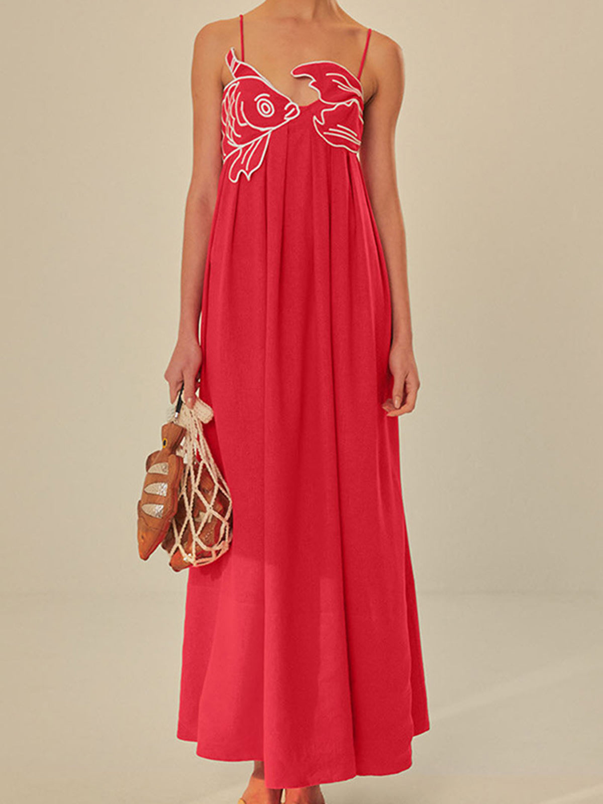 Embroidered fish semi-sheer cami dress - Red - L Embroidered fish semi-sheer cami dress - Red - L