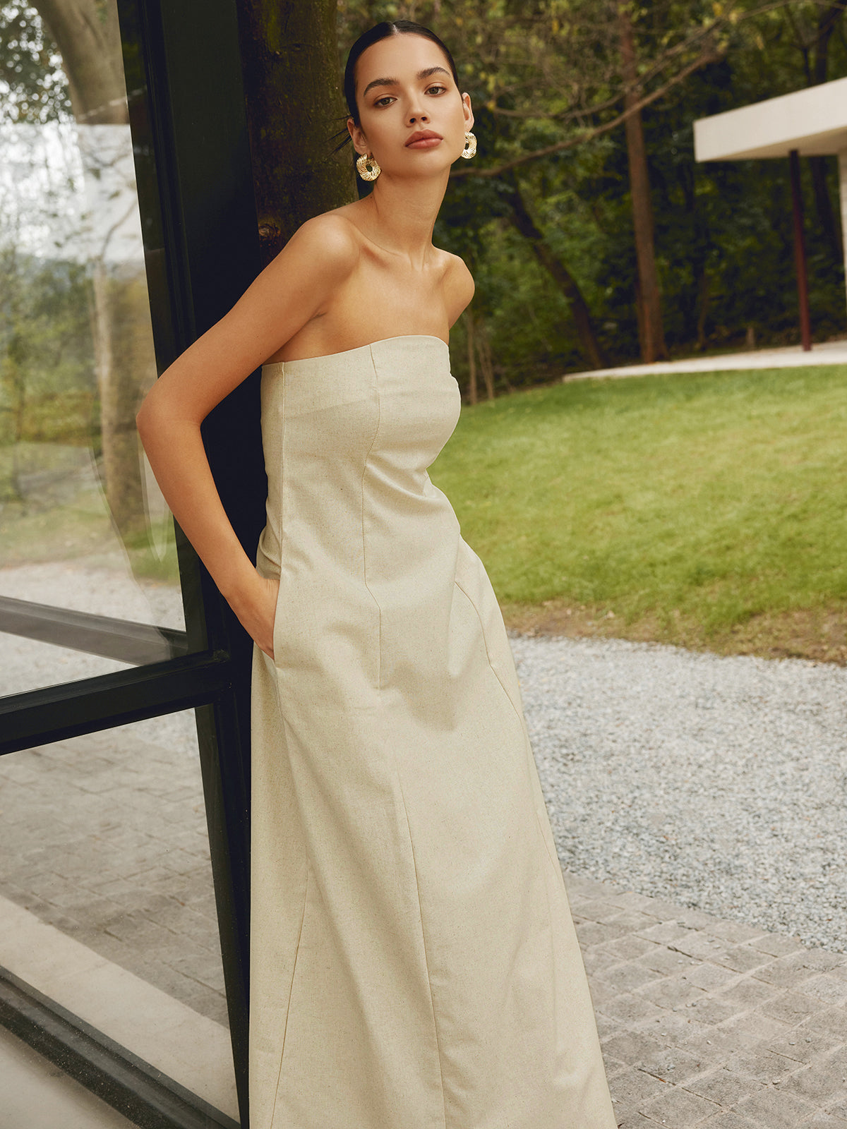 Cotton & Linen Shirred Pocket Long Dress Cotton & Linen Shirred Pocket Long Dress