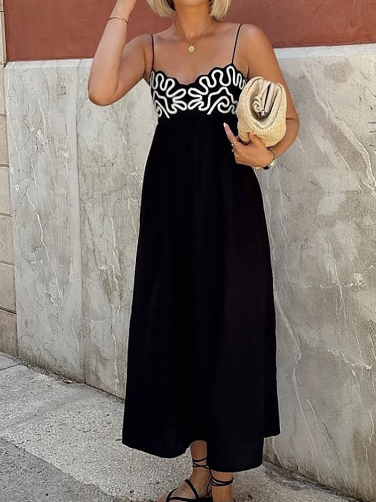 Embroidered Shirred Spaghetti Strap Long Dress | COMMENSE Embroidered Shirred Spaghetti Strap Long Dress | COMMENSE