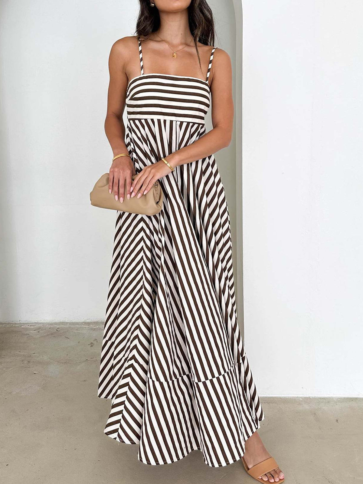Striped pleated cami long dress - Light Brown - L Striped pleated cami long dress - Light Brown - L