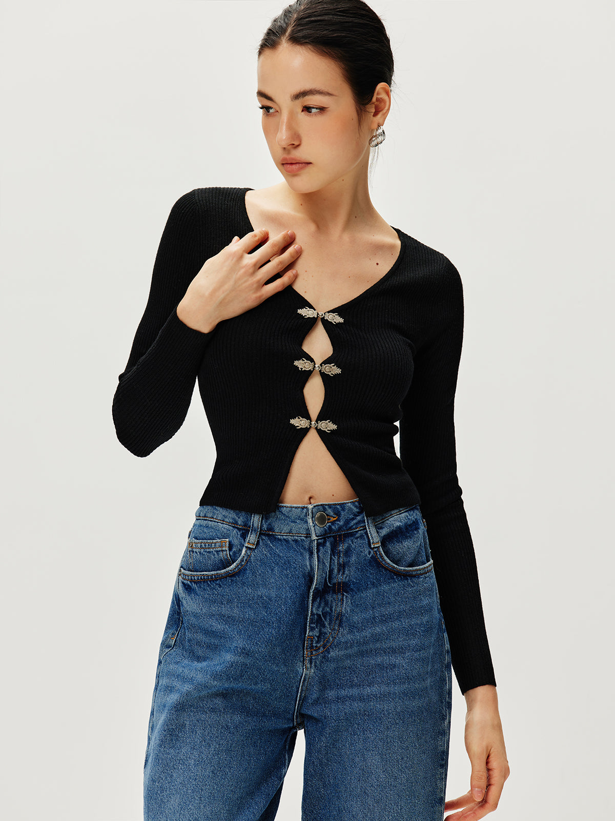 Perfee Decorative Button Long Sleeve Sweatshirt main image 0
