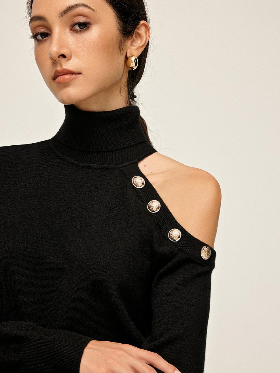 Turtleneck Asymmetrical One Shoulder Sweater - Main Image