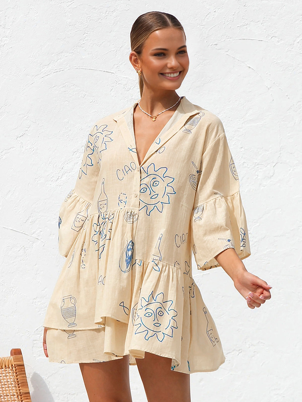 Oversized Sun print short dress - Apricot Oversized Sun print short dress - Apricot