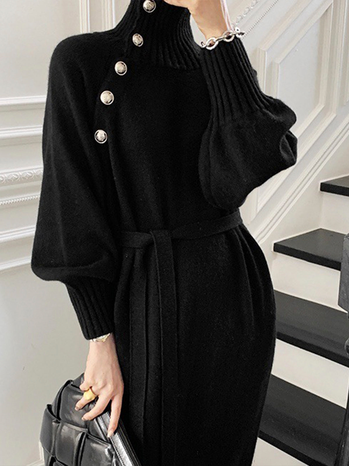 Turtleneck Buttons Women Dress