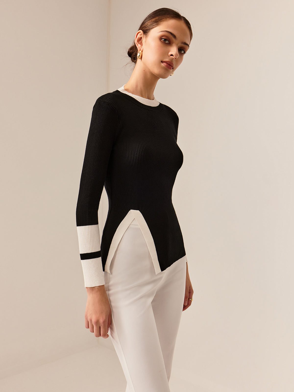Contrast Trim Long Sleeve Knit Top main image 0