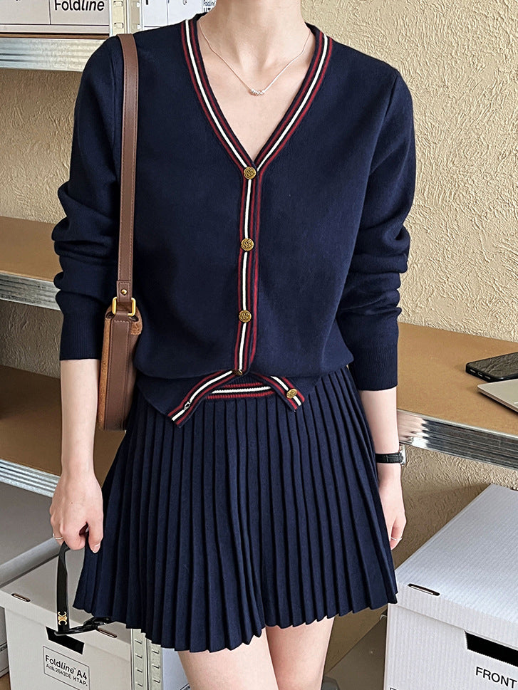 V-Neck Pleated Jersey Skirt Set COMMENSE