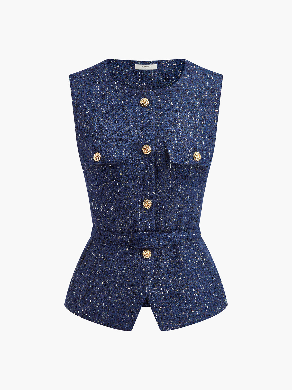 Sequins Button Belted Tweed Vest