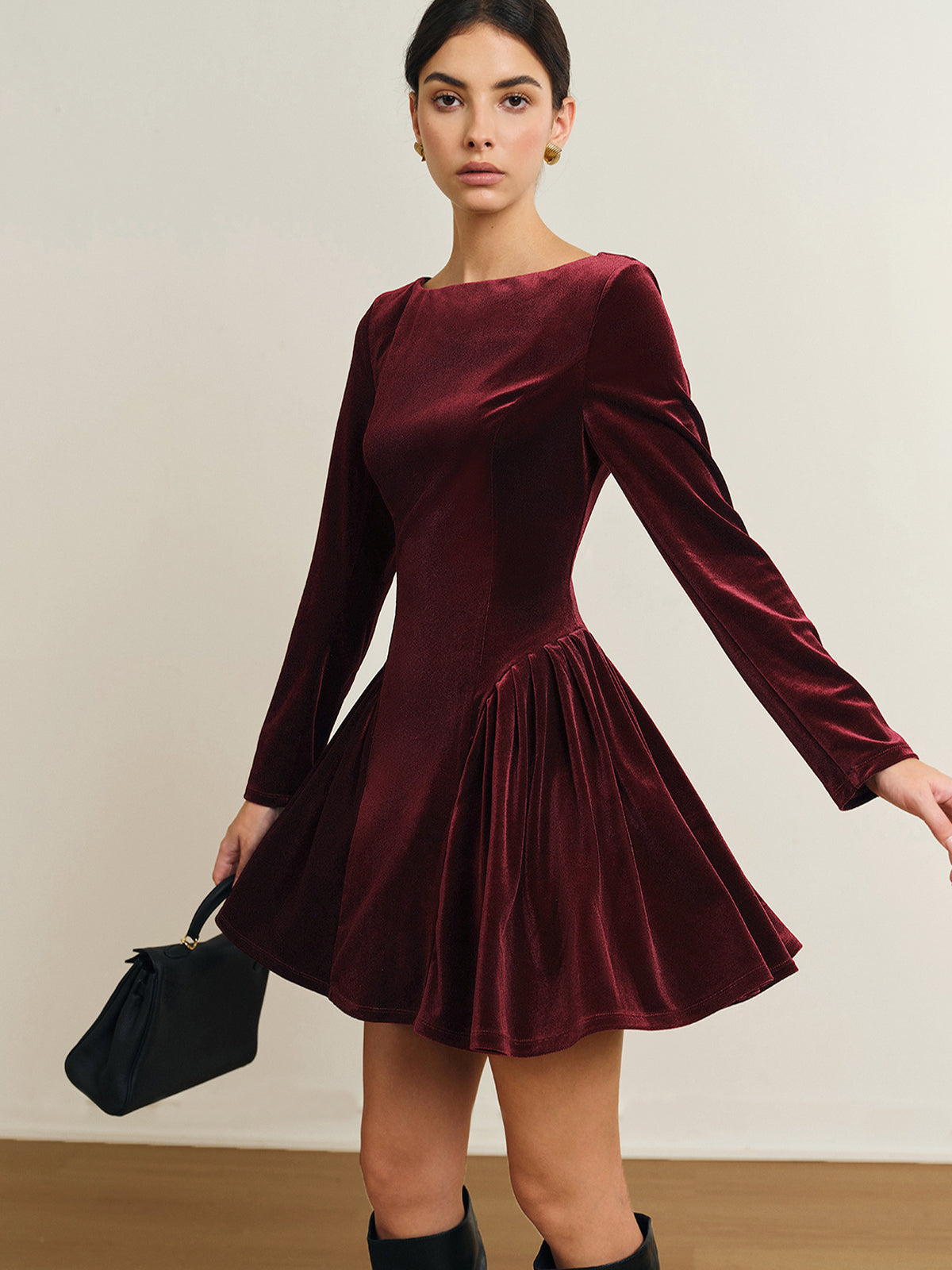 Satin Panel Velvet Pleated Tube Dress