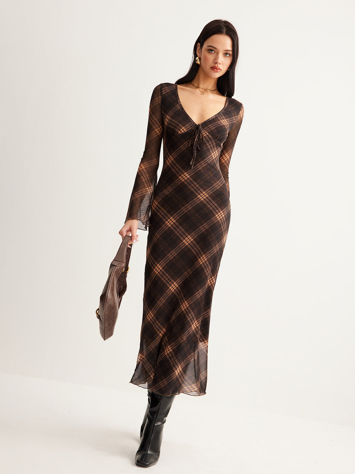 knee length dresses for ladies Semi-Sheer Checked Bell-Sleeve Mesh Dress
