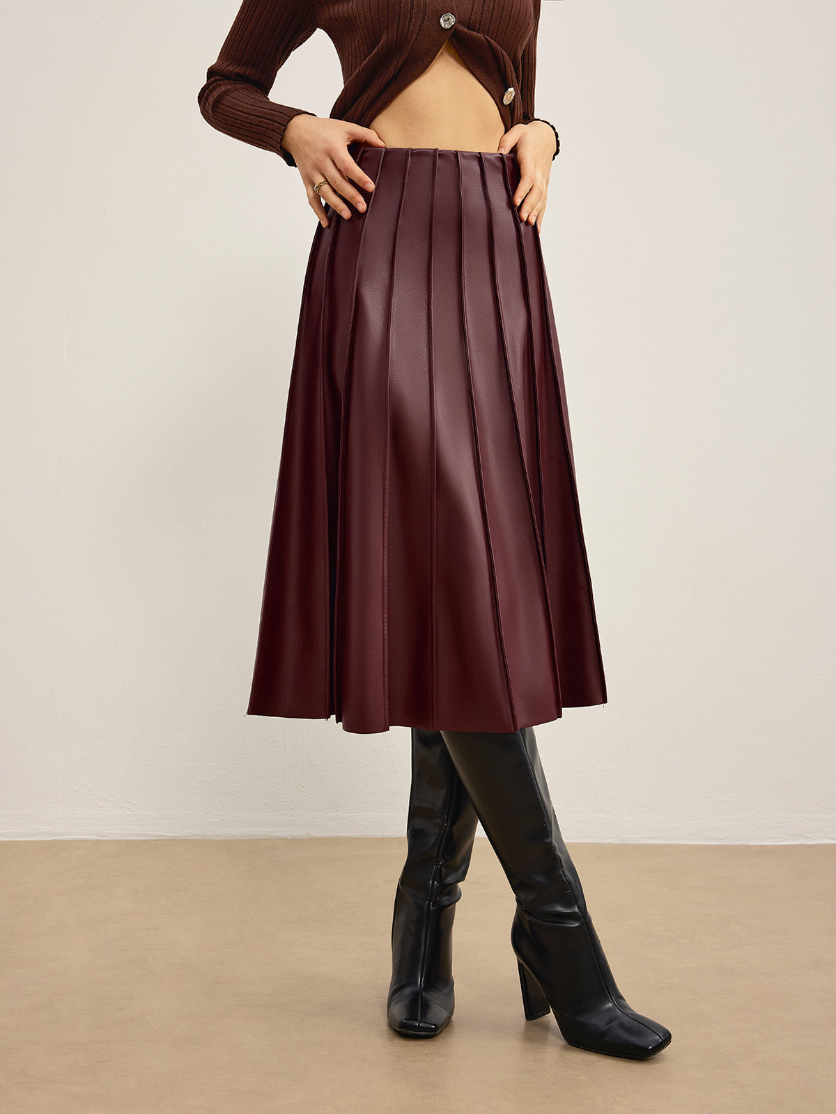Faux leather pleated midi skirt - Burgundy - L
