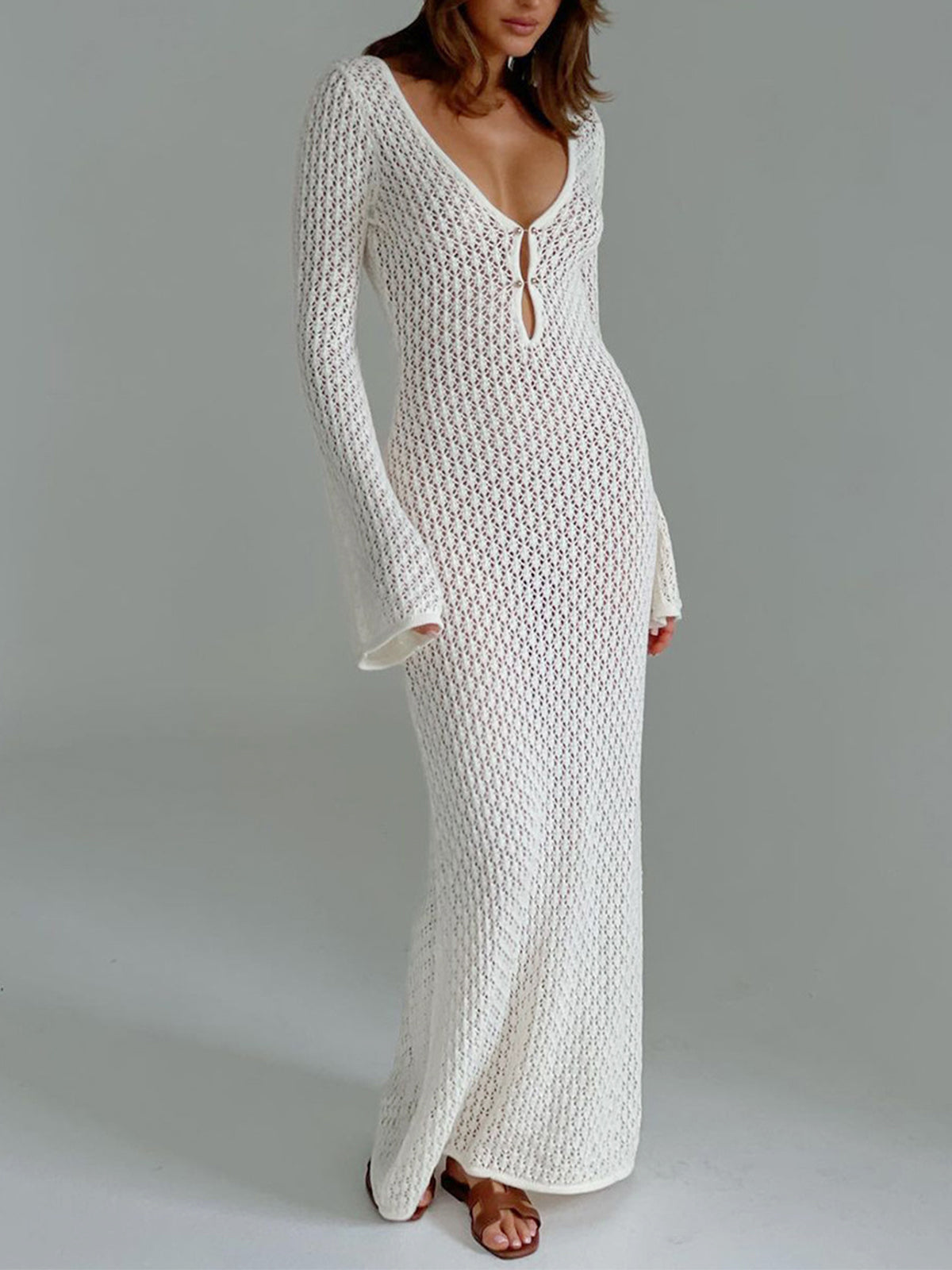 Beach Cover Ups Long Sleeve Crohet Open Back Long Dress for Resort Wear - White - S Beach Cover Ups Long Sleeve Crohet Open Back Long Dress for Resort Wear - White - S