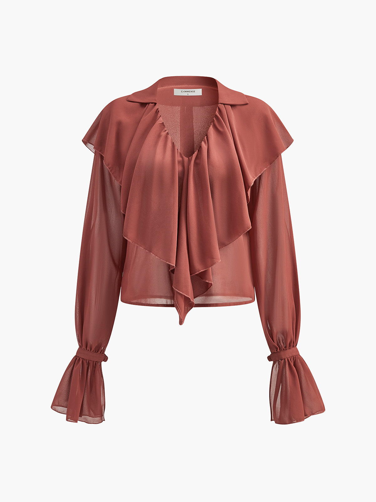 Semi-sheer Chiffon Ruffled Crew Neck Blouse