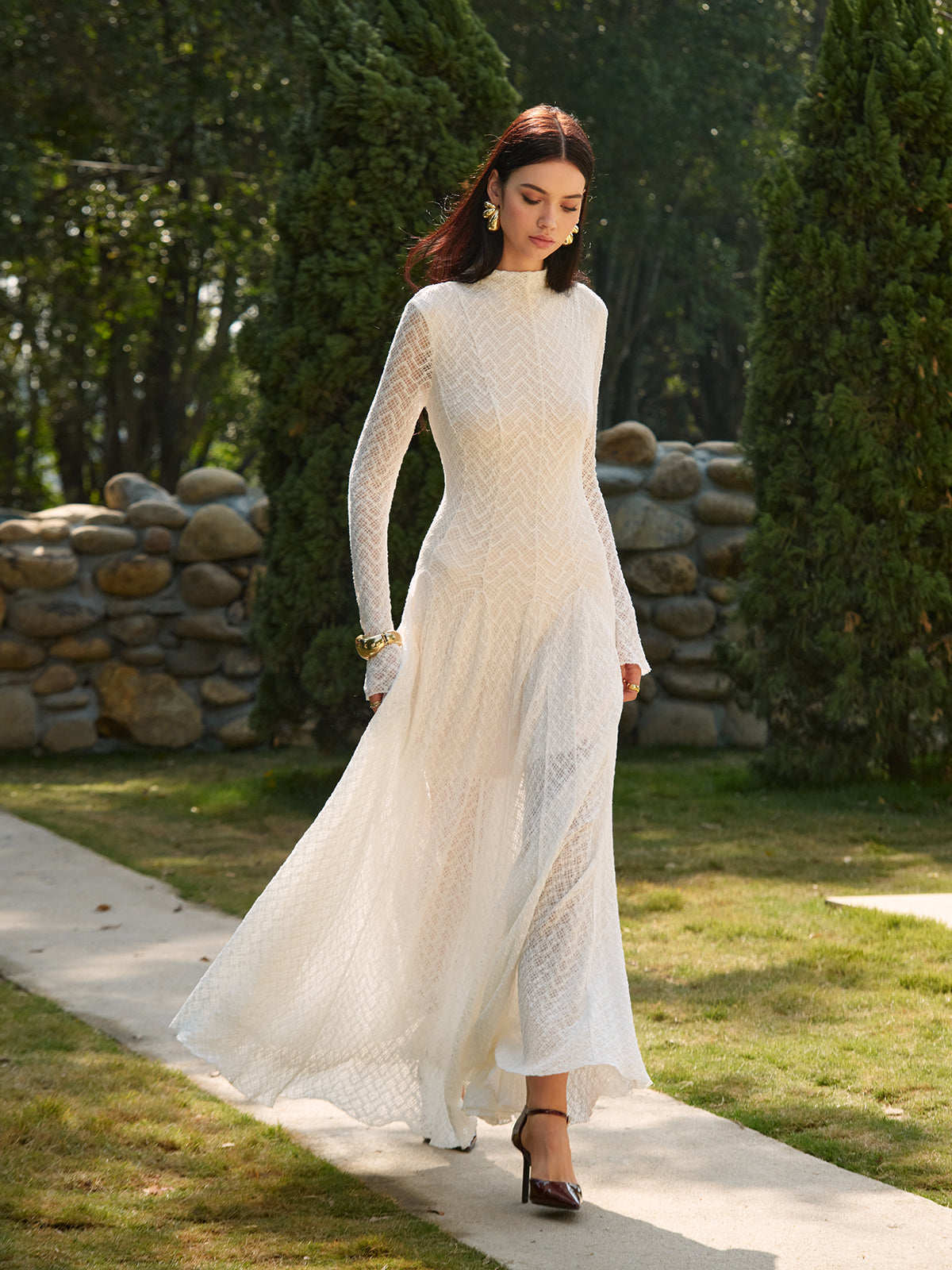Semi-Sheer Mock Neck Lace Flowy Long Dress | COMMENSE Semi-Sheer Mock Neck Lace Flowy Long Dress | COMMENSE