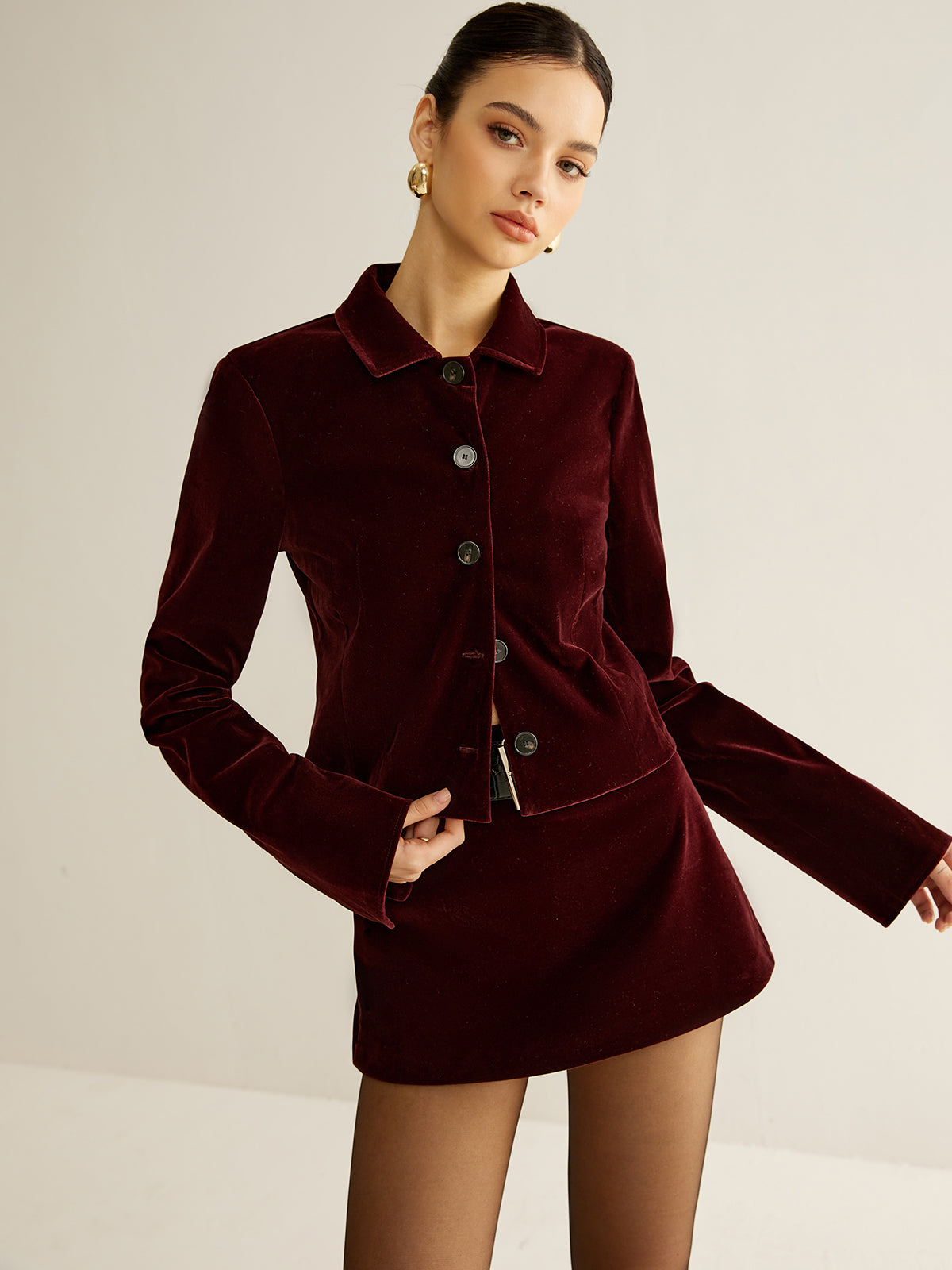 burgundy velvet blazer dress Velvet lapel short blazer - Burgundy
