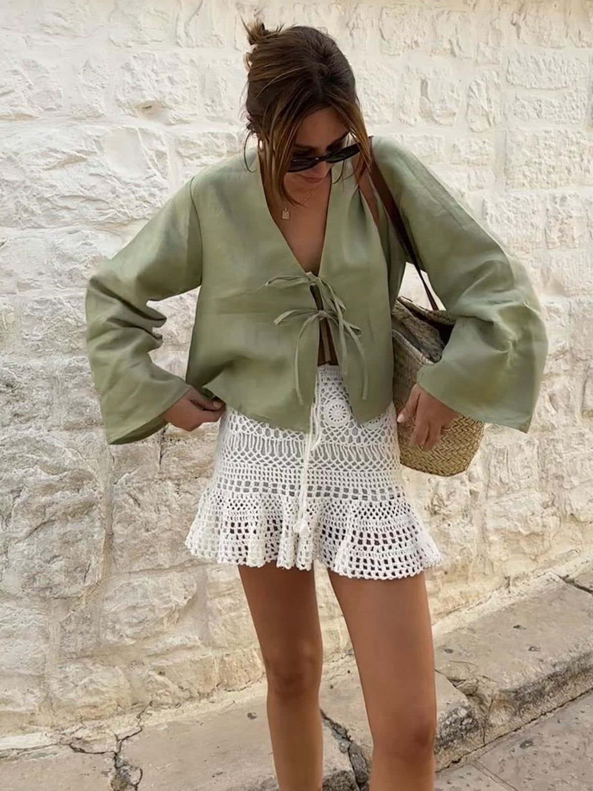 Commense Oversized Long Tie-Front Sleeve Blouse