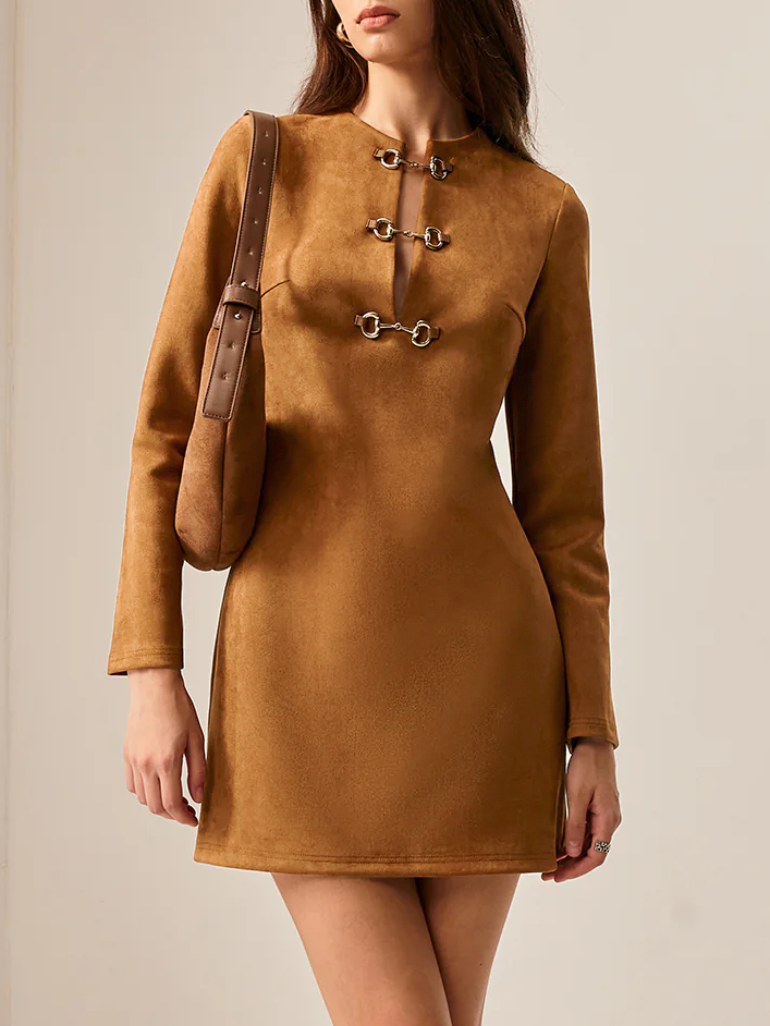Suede effect metal-detail short dress - Brown - XS - Commense Suede effect metal-detail short dress - Brown - XS - Commense