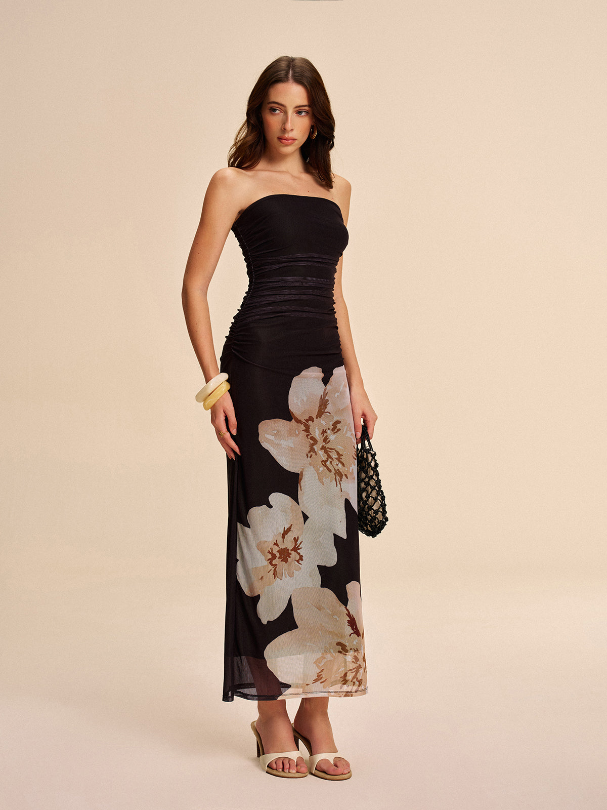 Women's Sheer Mesh Floral Dress with Round Neck