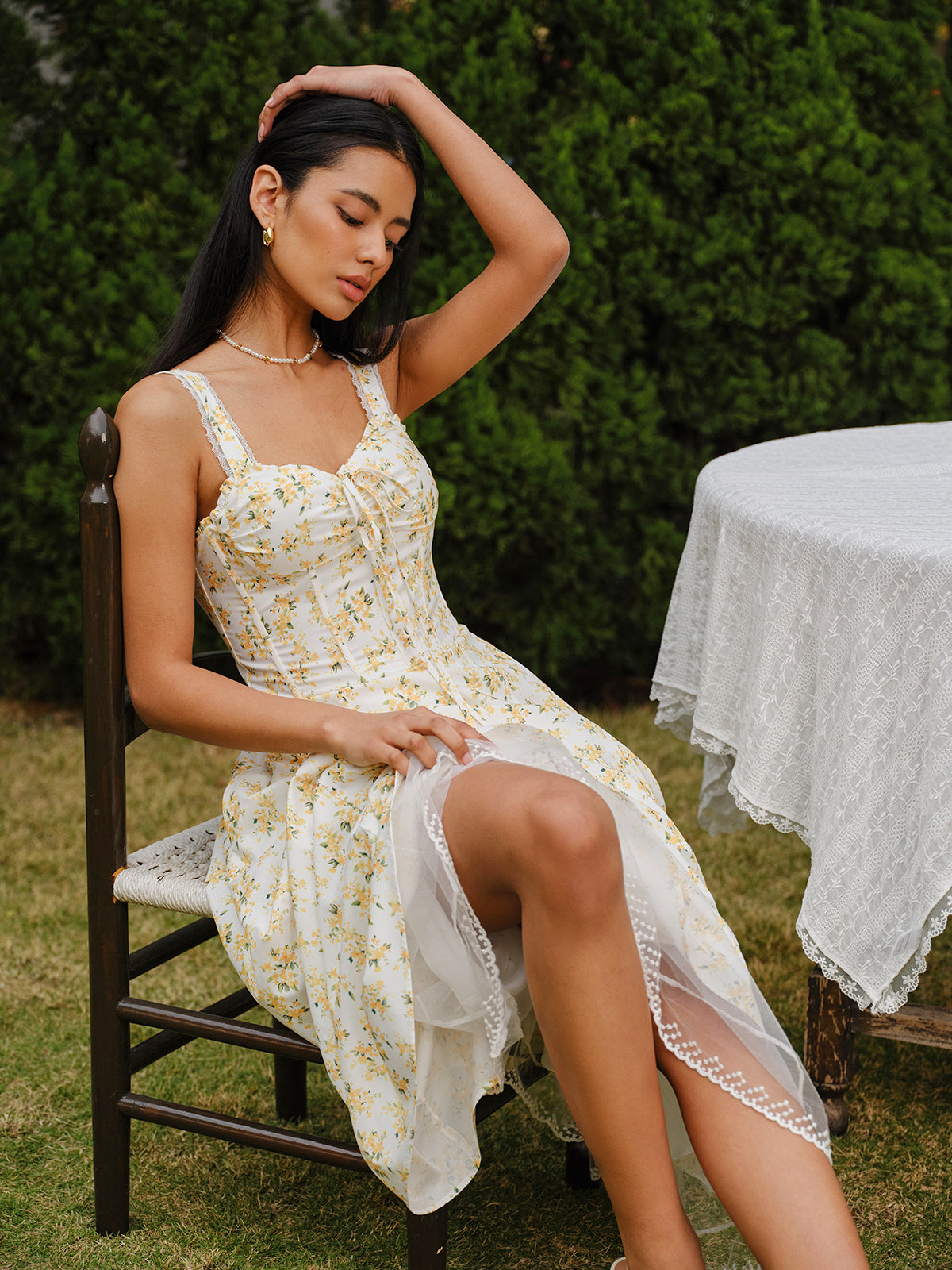 Floral Lace-Trim Tie-Front Dress Floral Lace-Trim Tie-Front Dress