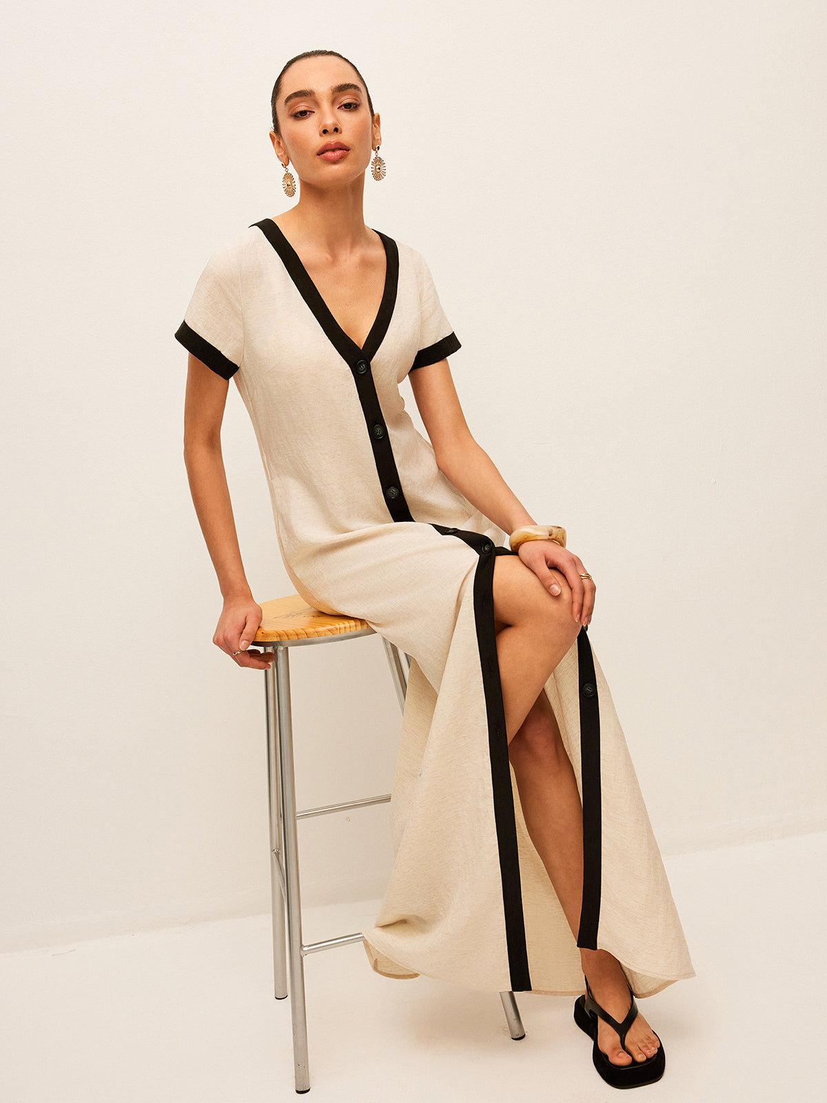 Cotton & Linen High-Slit Contrast Trim Dress Cotton & Linen High-Slit Contrast Trim Dress