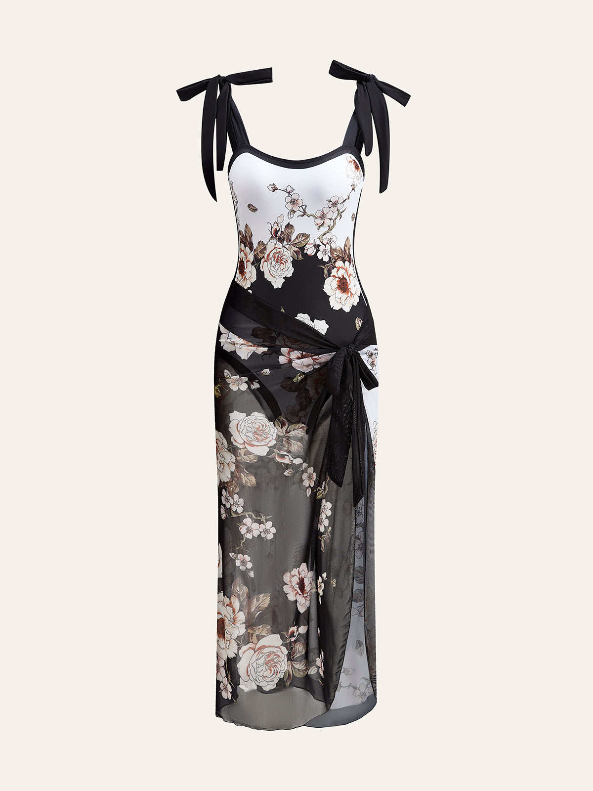 Floral Tie-Shoulder One-Piece Swimsuit With Cover-Up | COMMENSE