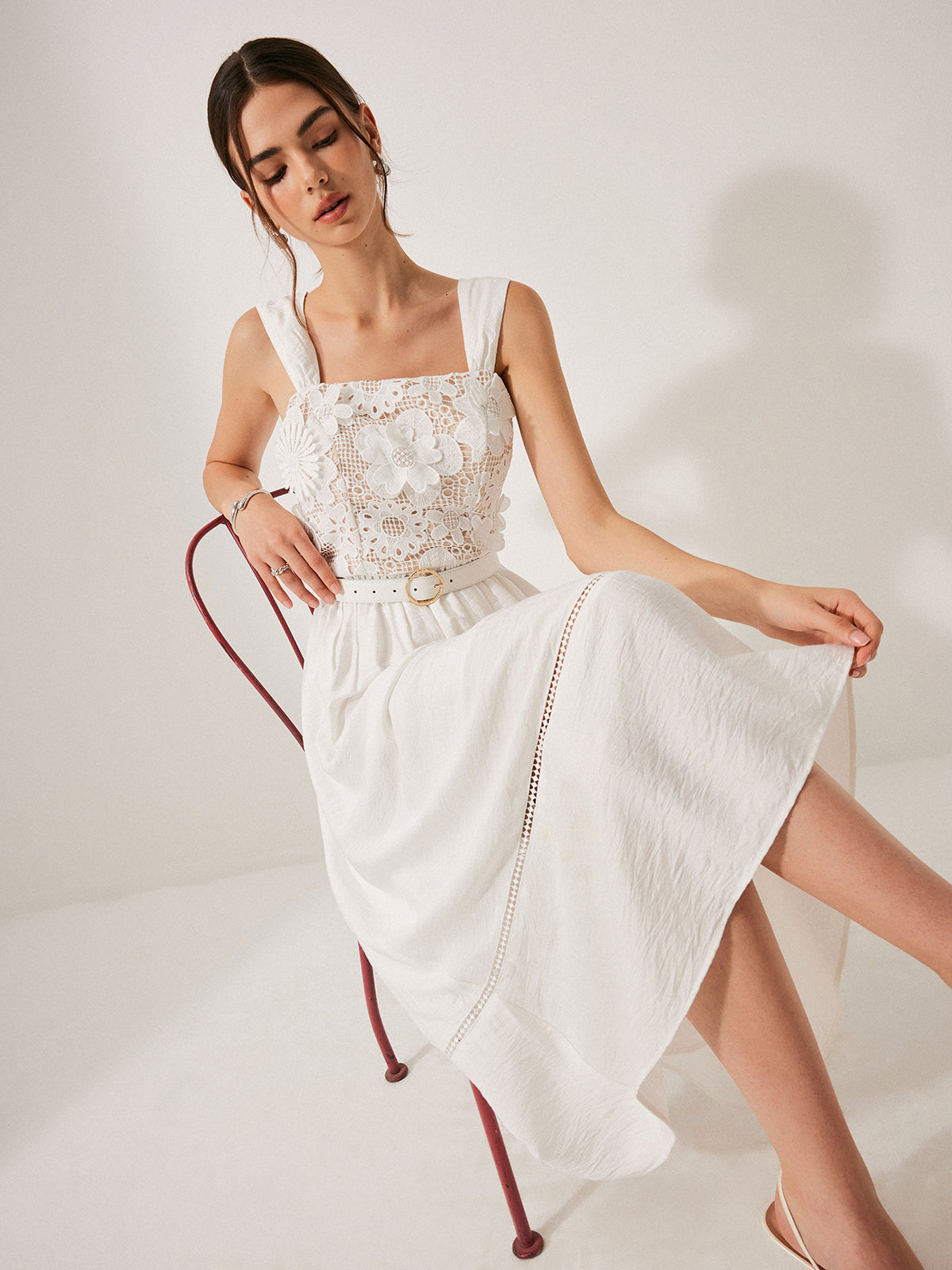 Cotton Floral Lace Belted Dress Cotton Floral Lace Belted Dress