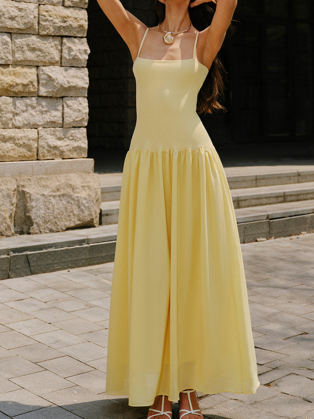 sweater dress yellow Pleated Hem Cami Sweater Dress