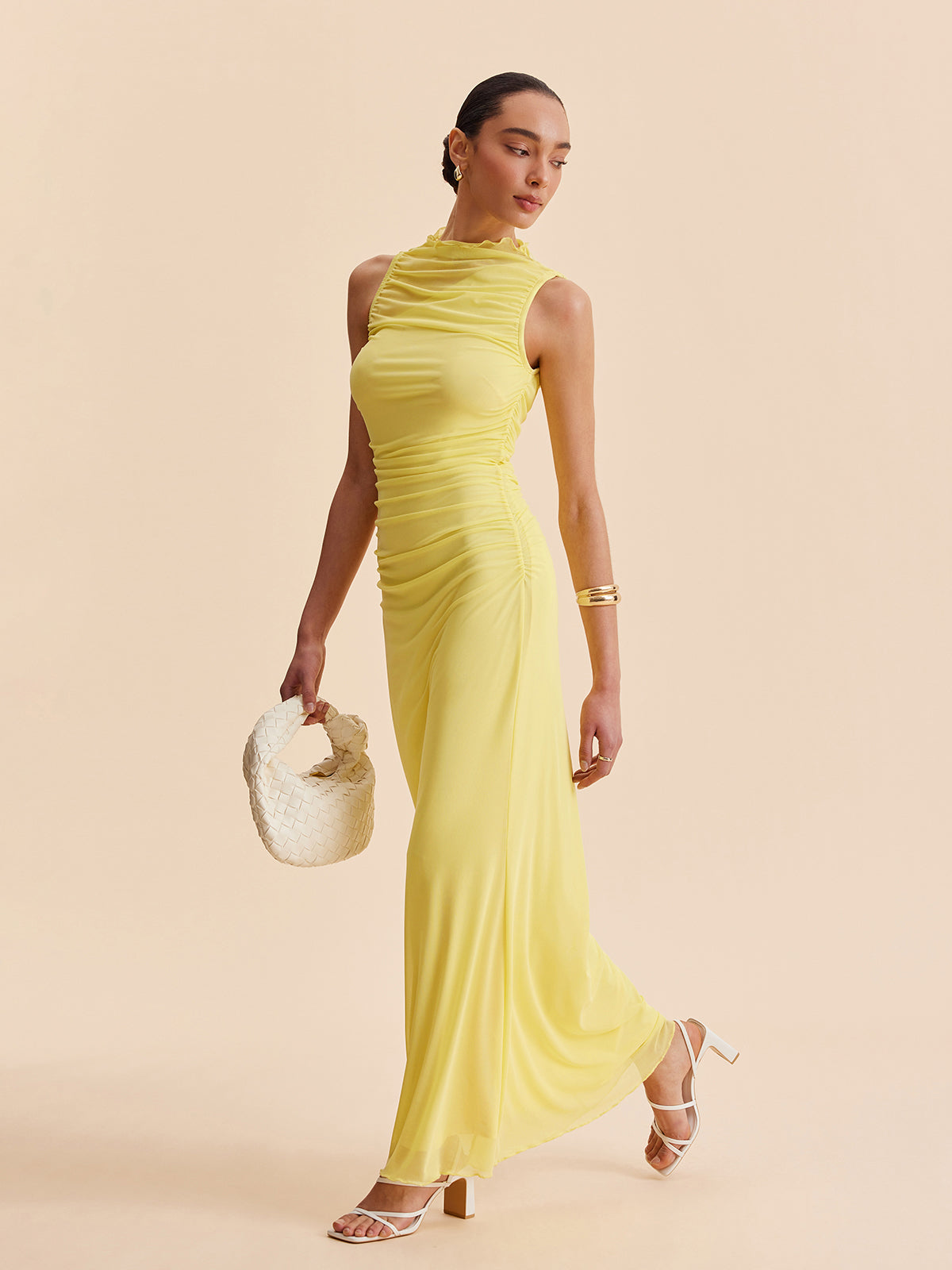 long sleeveless mesh dress with ruched waist Mesh Ruched Sleeveless Dress