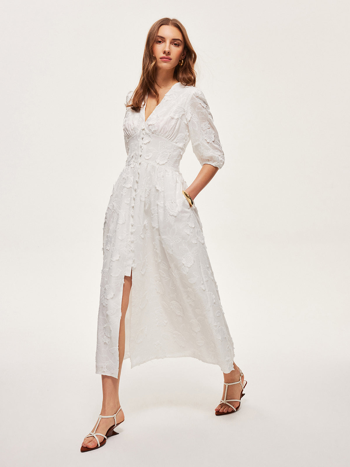 Koax Cotton Check Embroidered Button Up Midi Shirt Dress main image 0